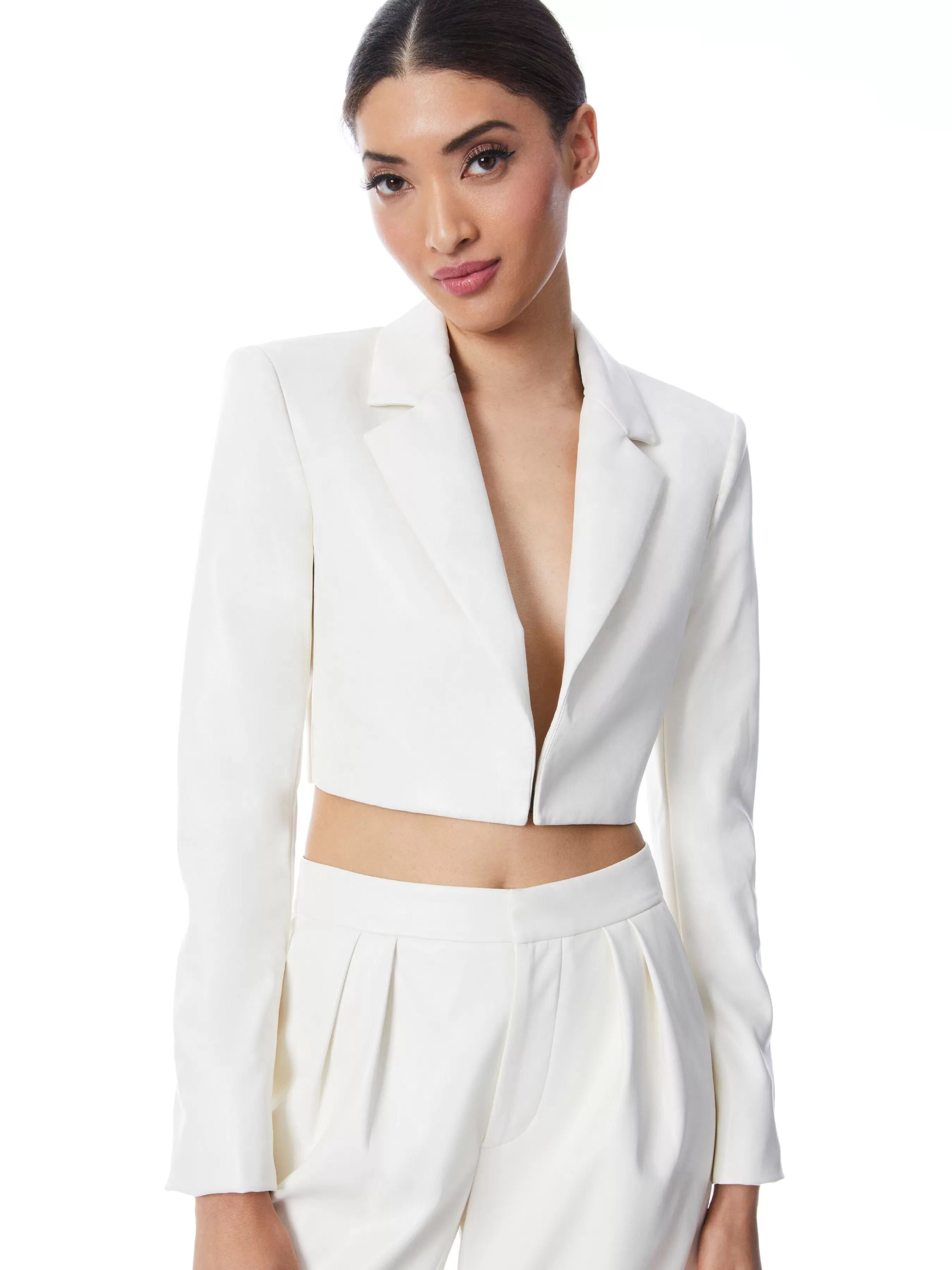 Alice and Olivia ABBOTT CROPPED RUCHED SLEEVE VEGAN LEATHER BLAZER