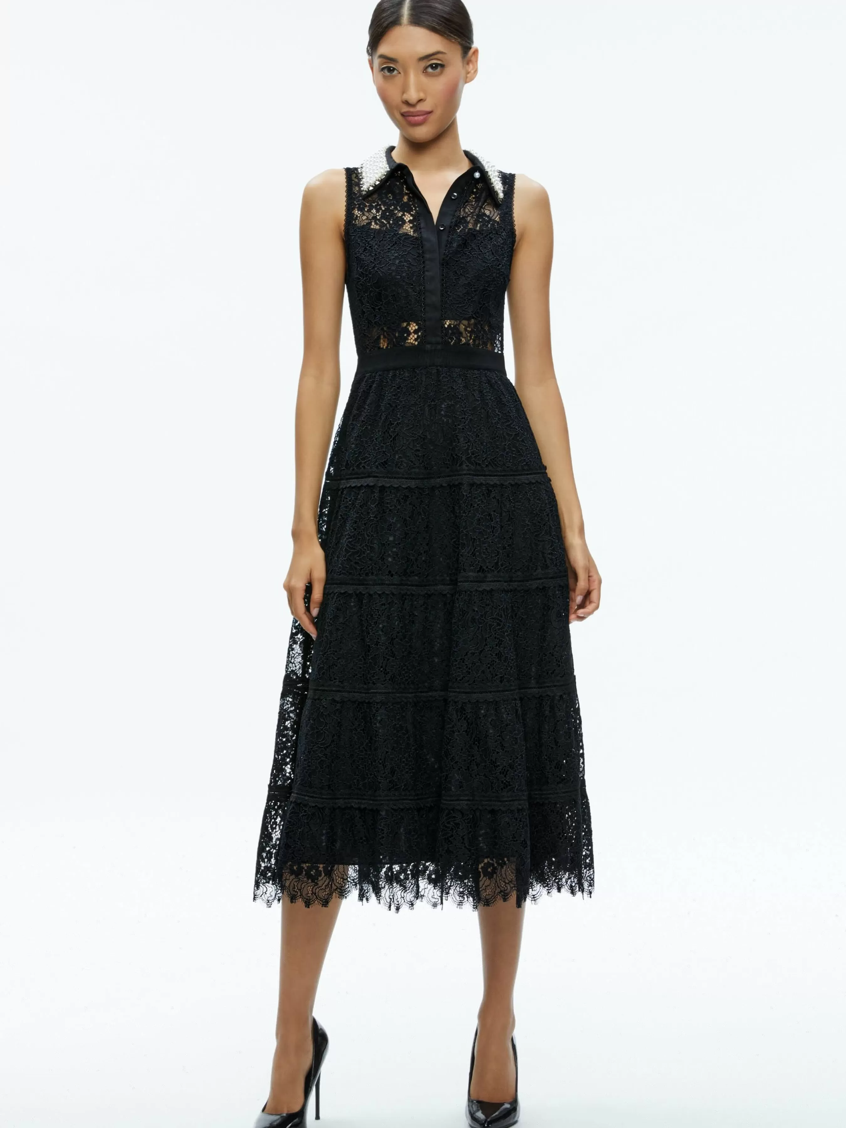 Alice and Olivia ANAYA EMBELLISHED COLLAR LACE MIDI DRESS