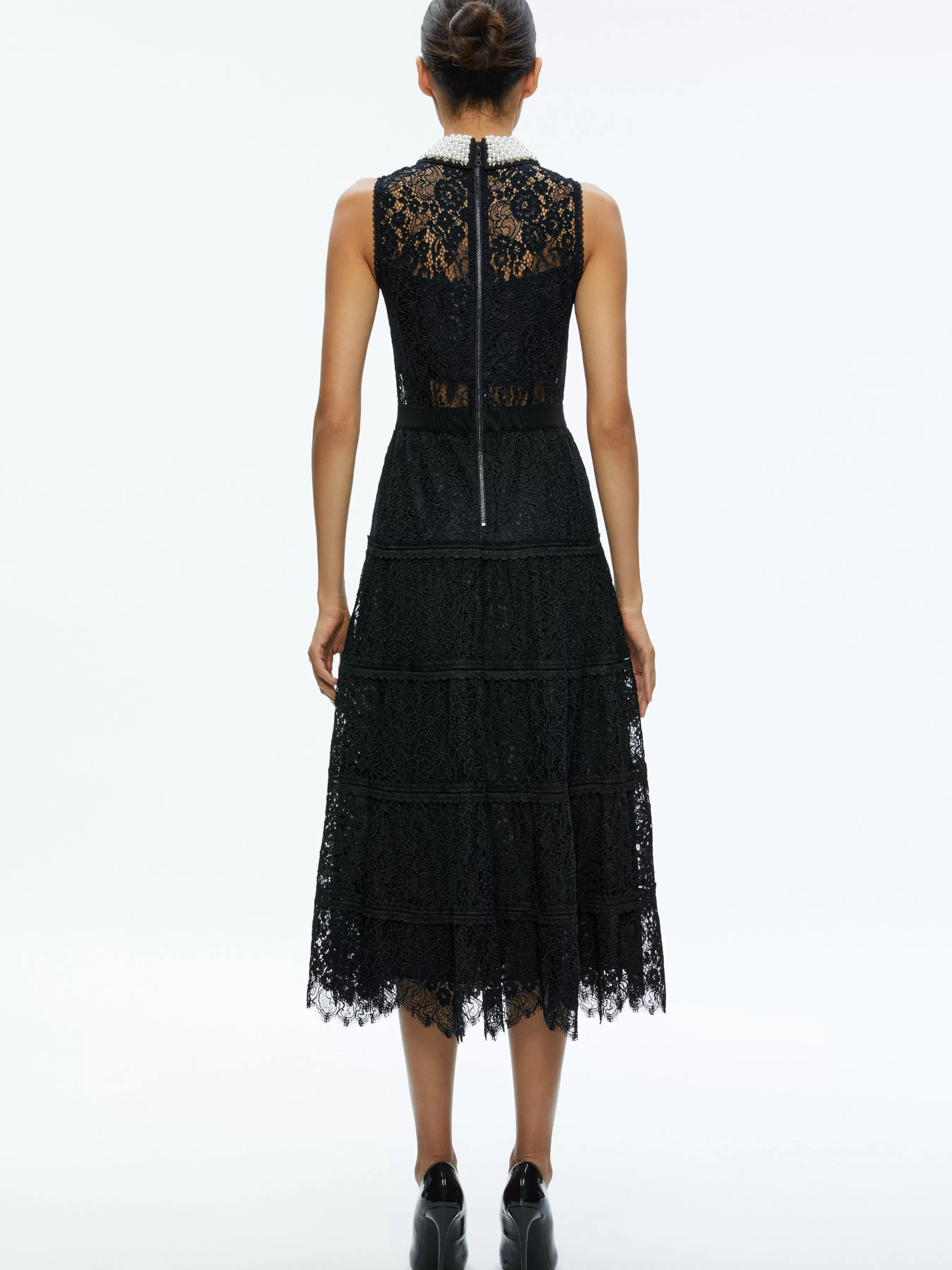 Alice and Olivia ANAYA EMBELLISHED COLLAR LACE MIDI DRESS