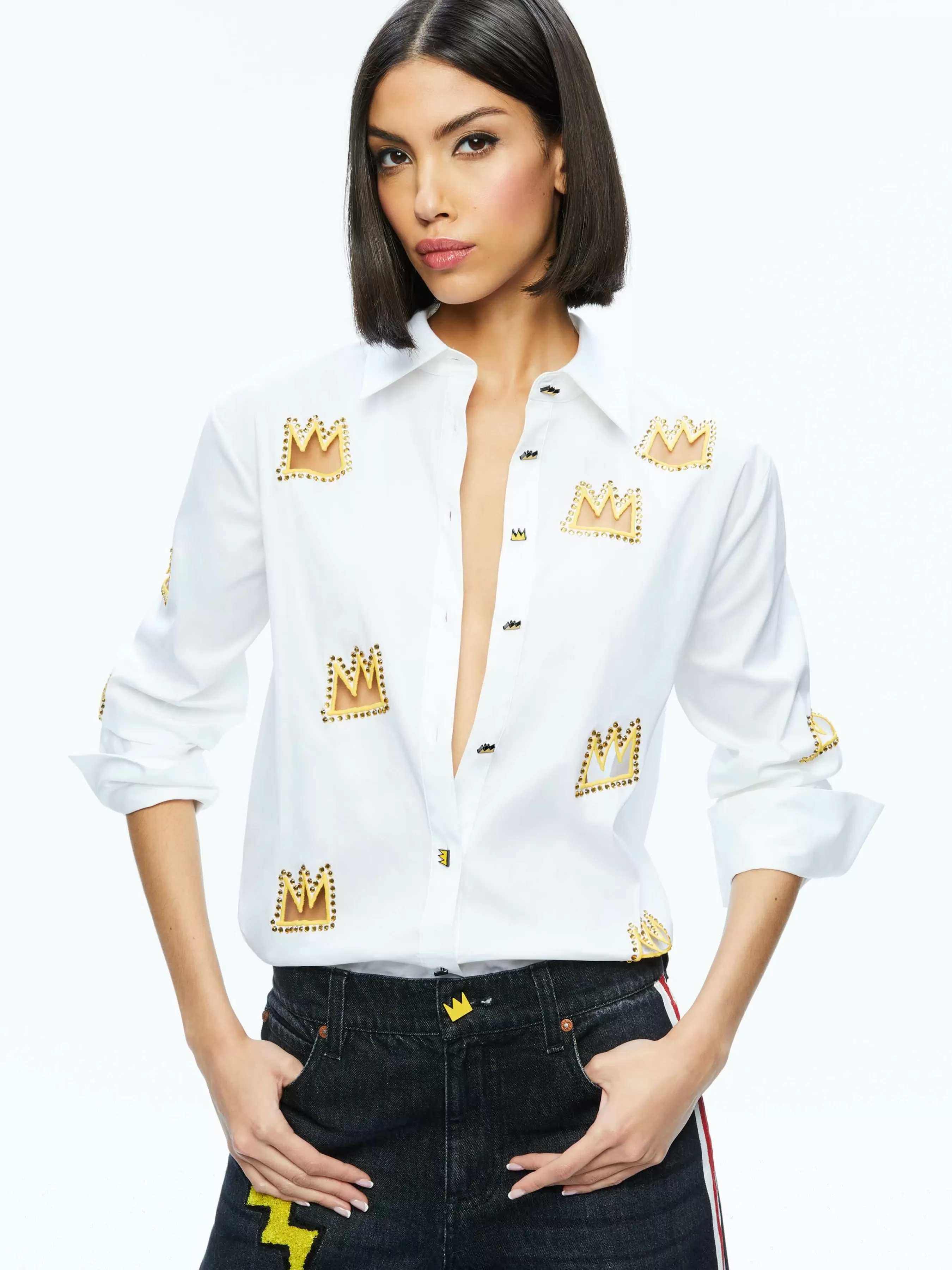 Alice and Olivia A+O X BASQUIAT FINELY EMBELLISHED BUTTON DOWN