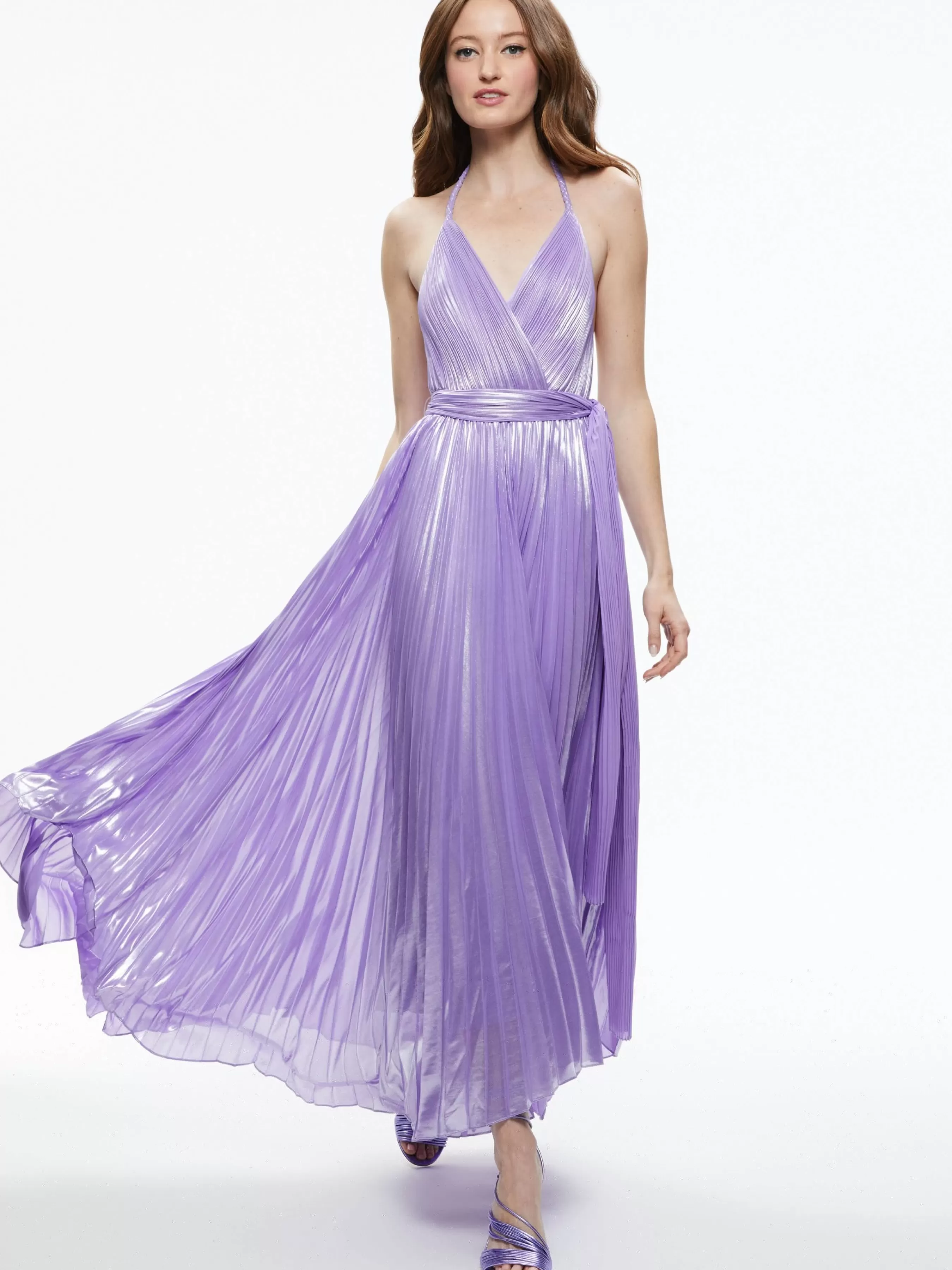 Alice and Olivia ARISTA SLEEVELESS HALTER NECK PLEATED MAXI DRESS