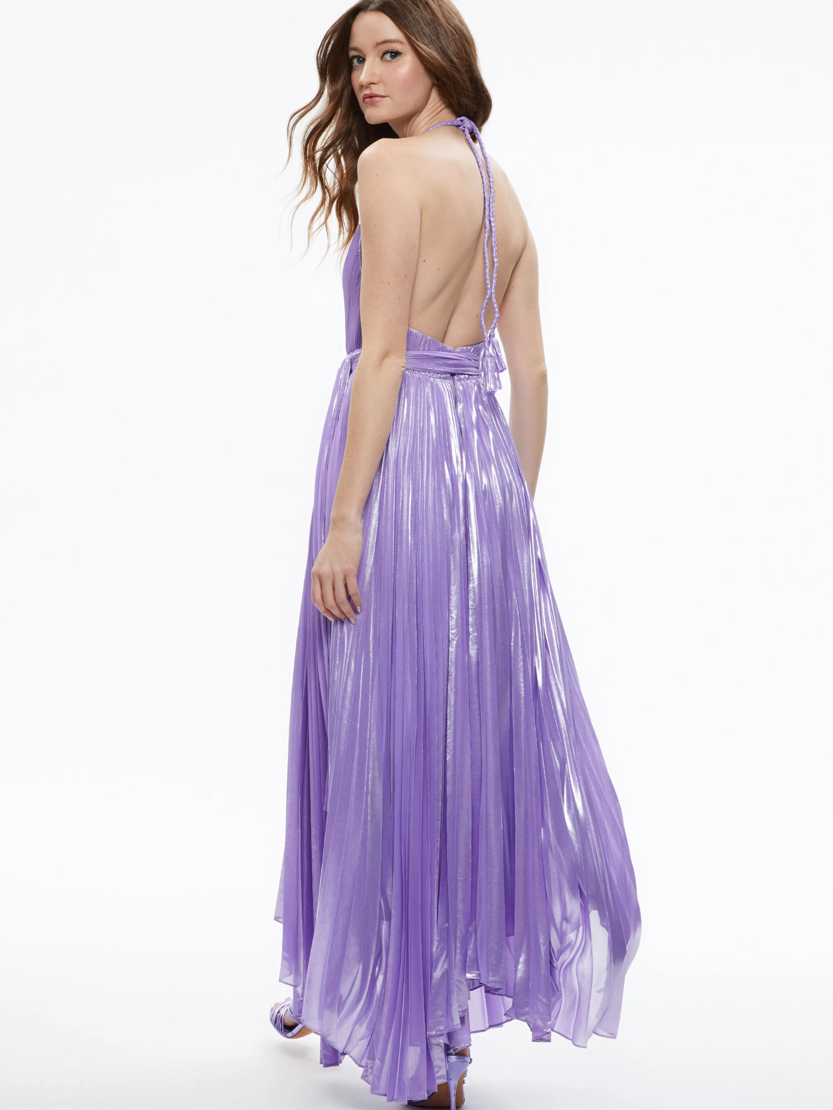 Alice and Olivia ARISTA SLEEVELESS HALTER NECK PLEATED MAXI DRESS