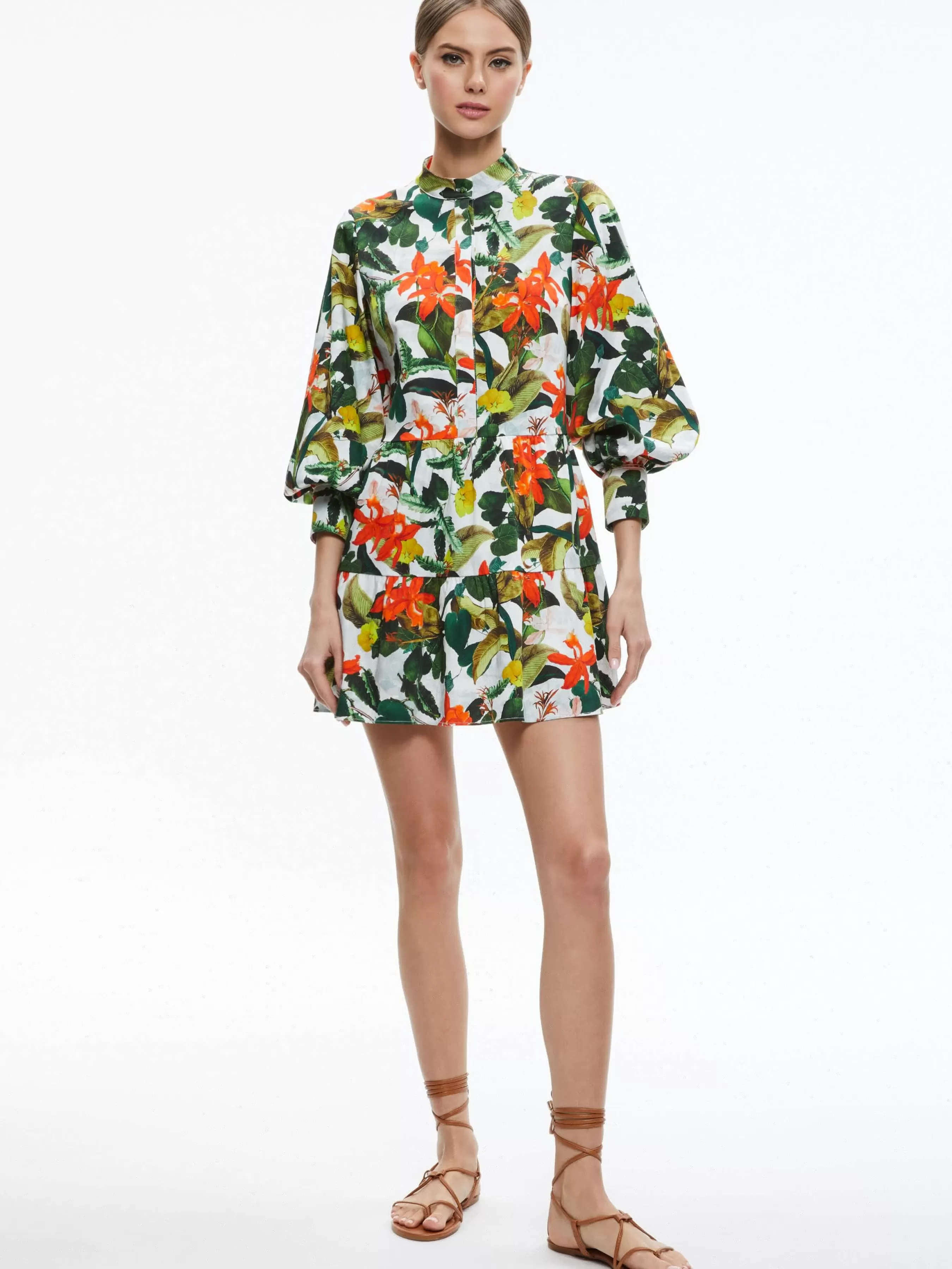 Alice and Olivia CAILIN BUTTON FRONT BLOUSON SLEEVE MINI DRESS