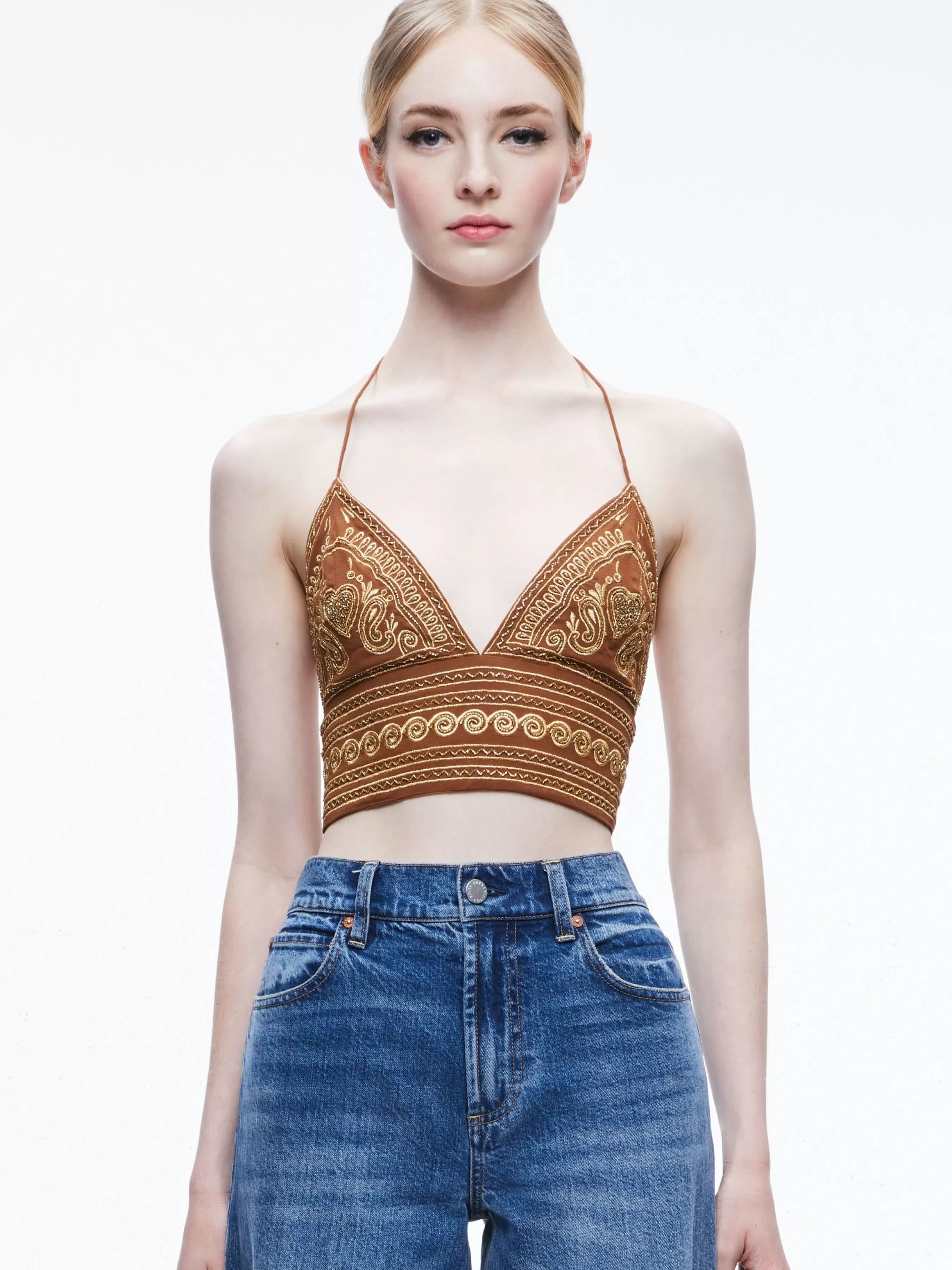 Alice and Olivia CARLI EMBROIDERED TIE NECK BRA TOP