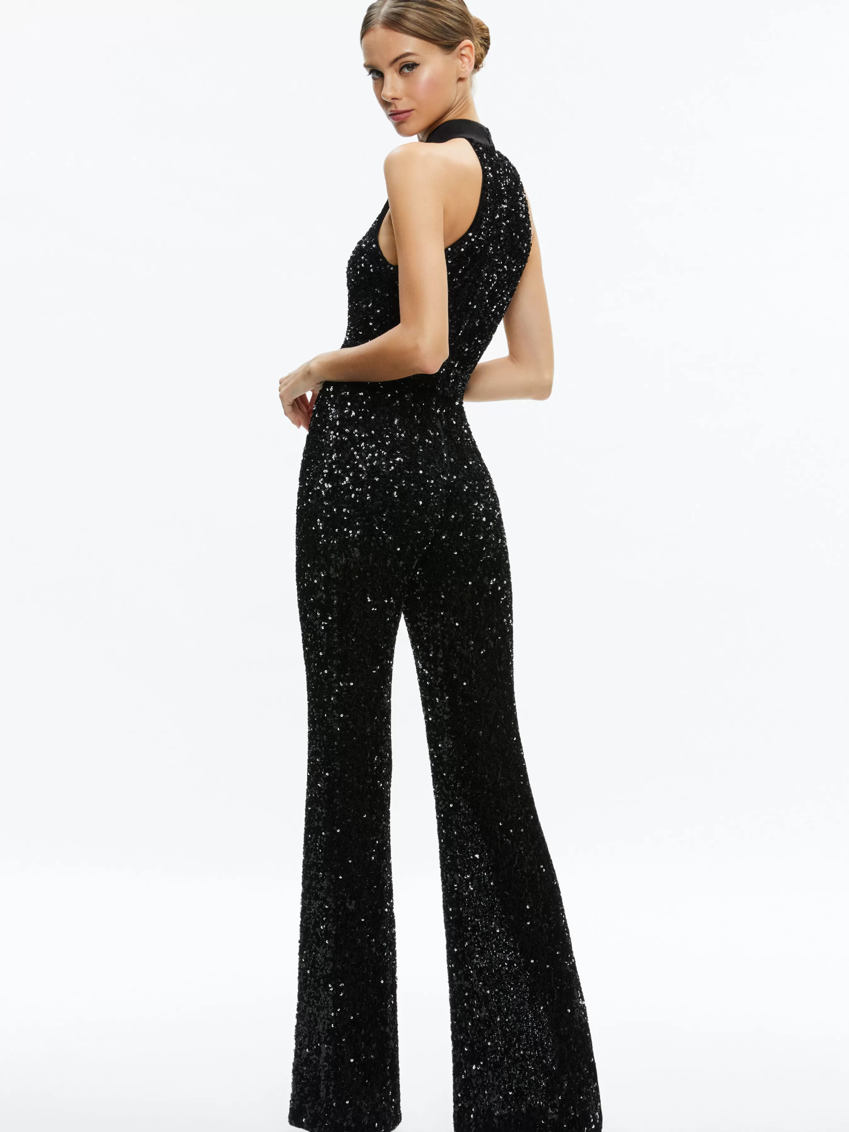 Alice and Olivia CATALINE SEQUIN HIGH NECK WIDE LEG JUMPSUIT