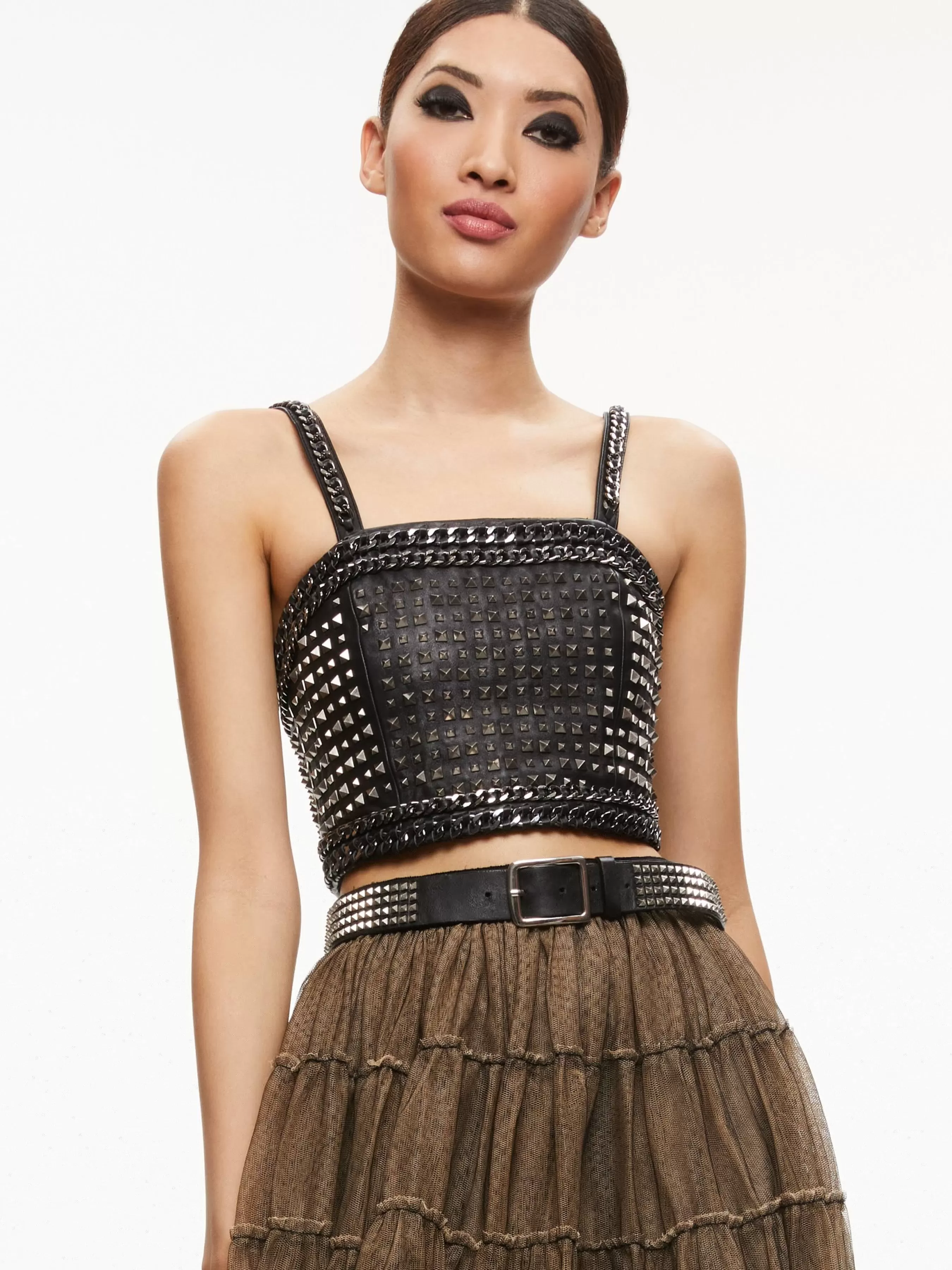 Alice and Olivia CERESI CHAIN STRAP STUDDED TOP