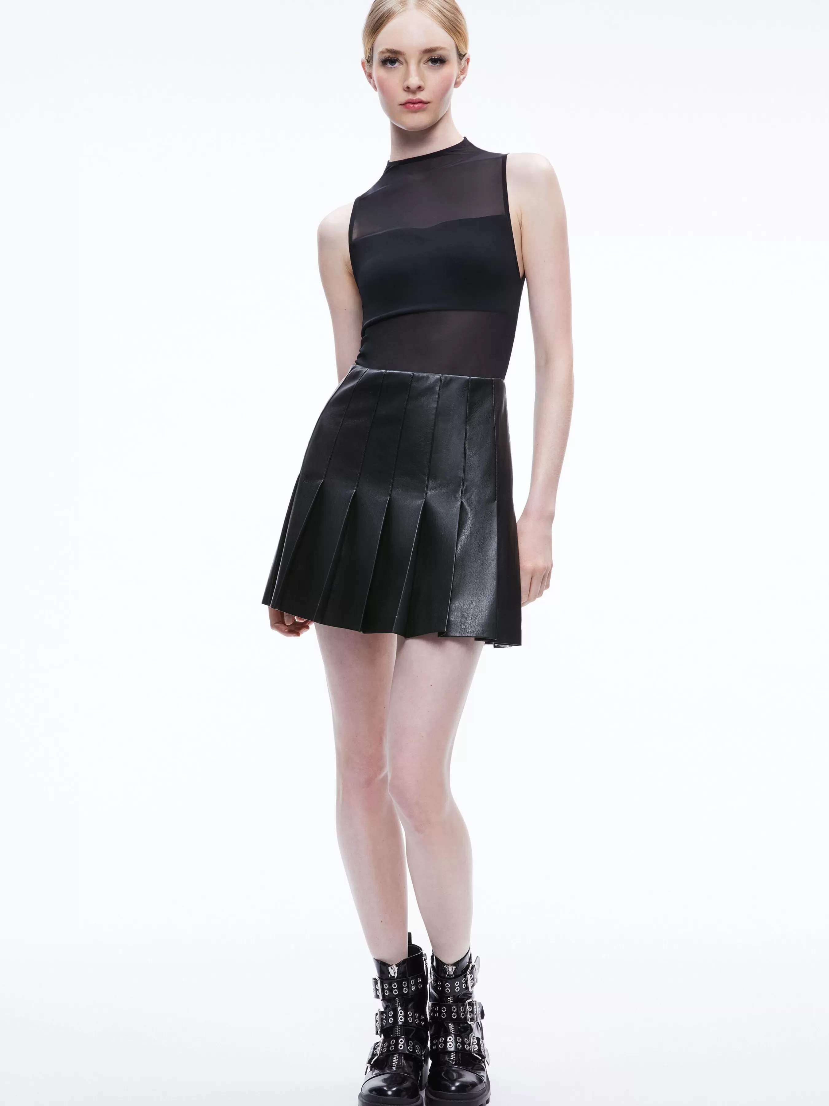 Alice and Olivia CHARA VEGAN LEATHER PLEATED MINI DRESS