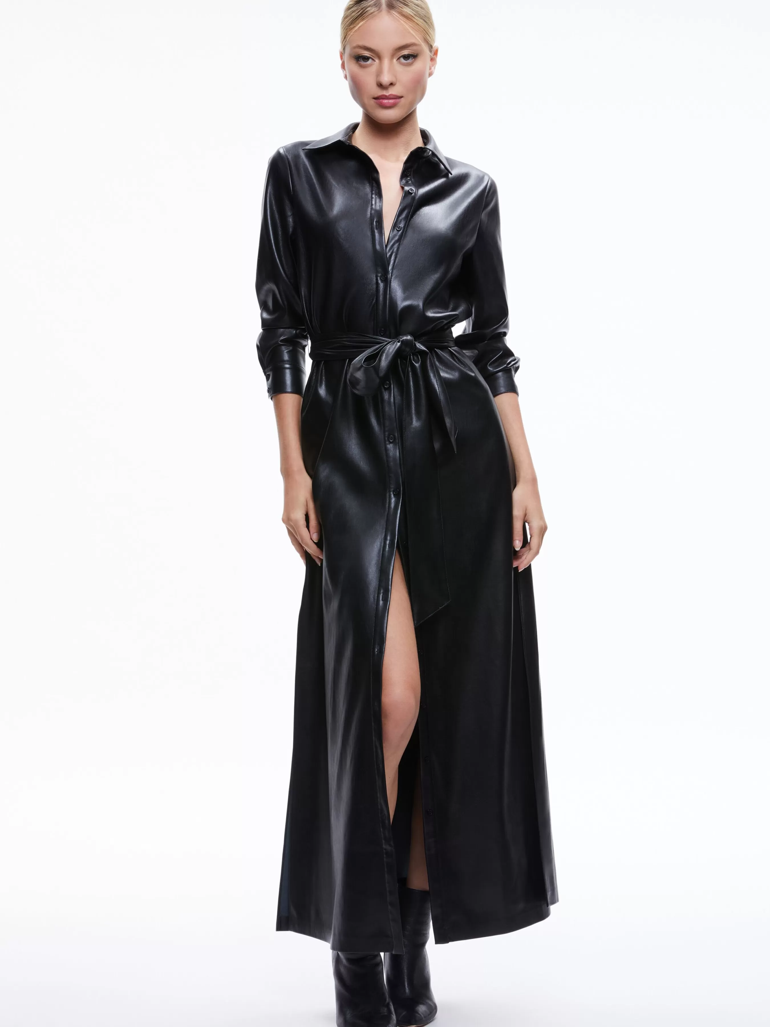 Alice and Olivia CHASSIDY VEGAN LEATHER MAXI SHIRT DRESS