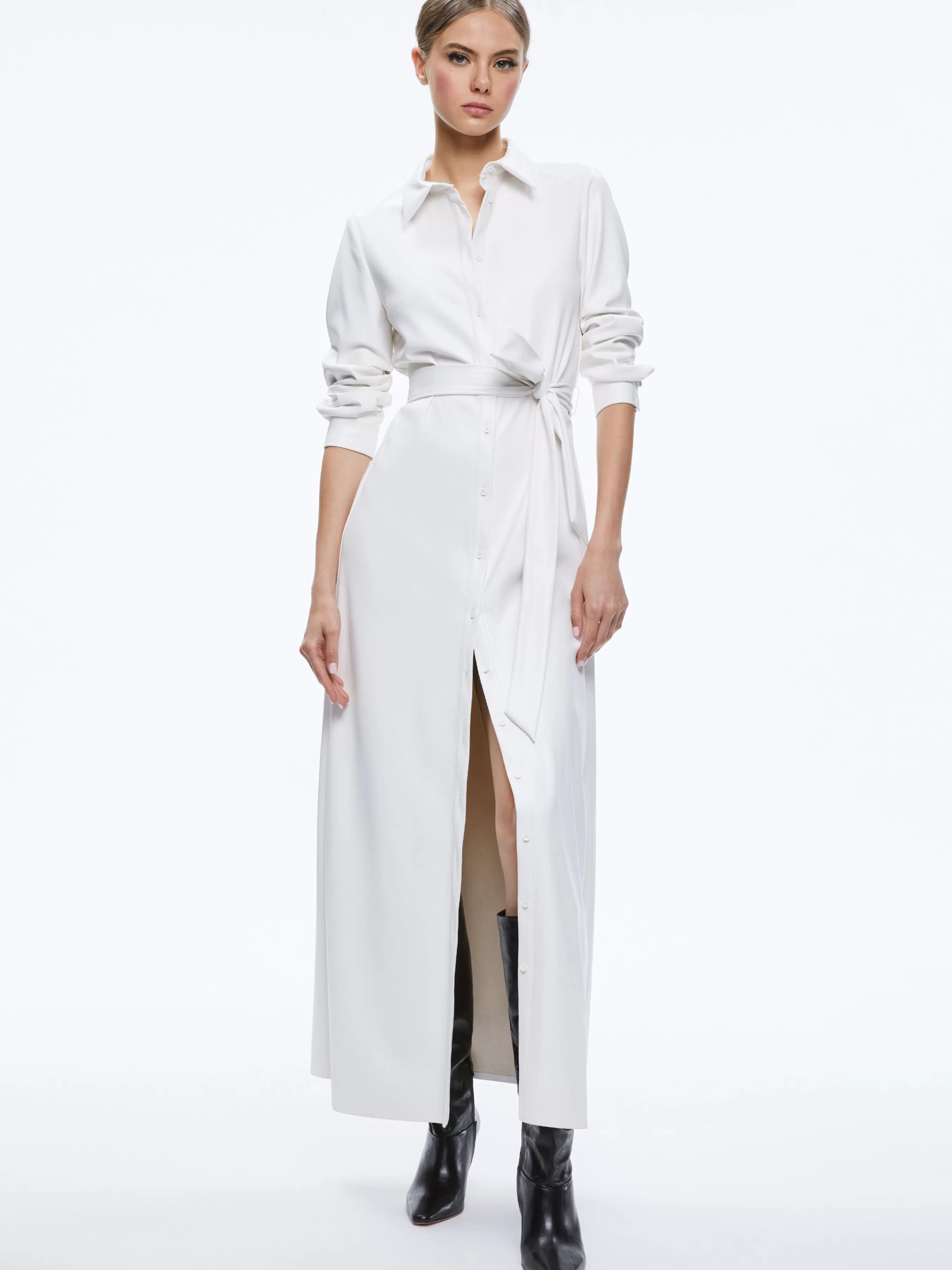 Alice and Olivia CHASSIDY VEGAN LEATHER MAXI SHIRT DRESS