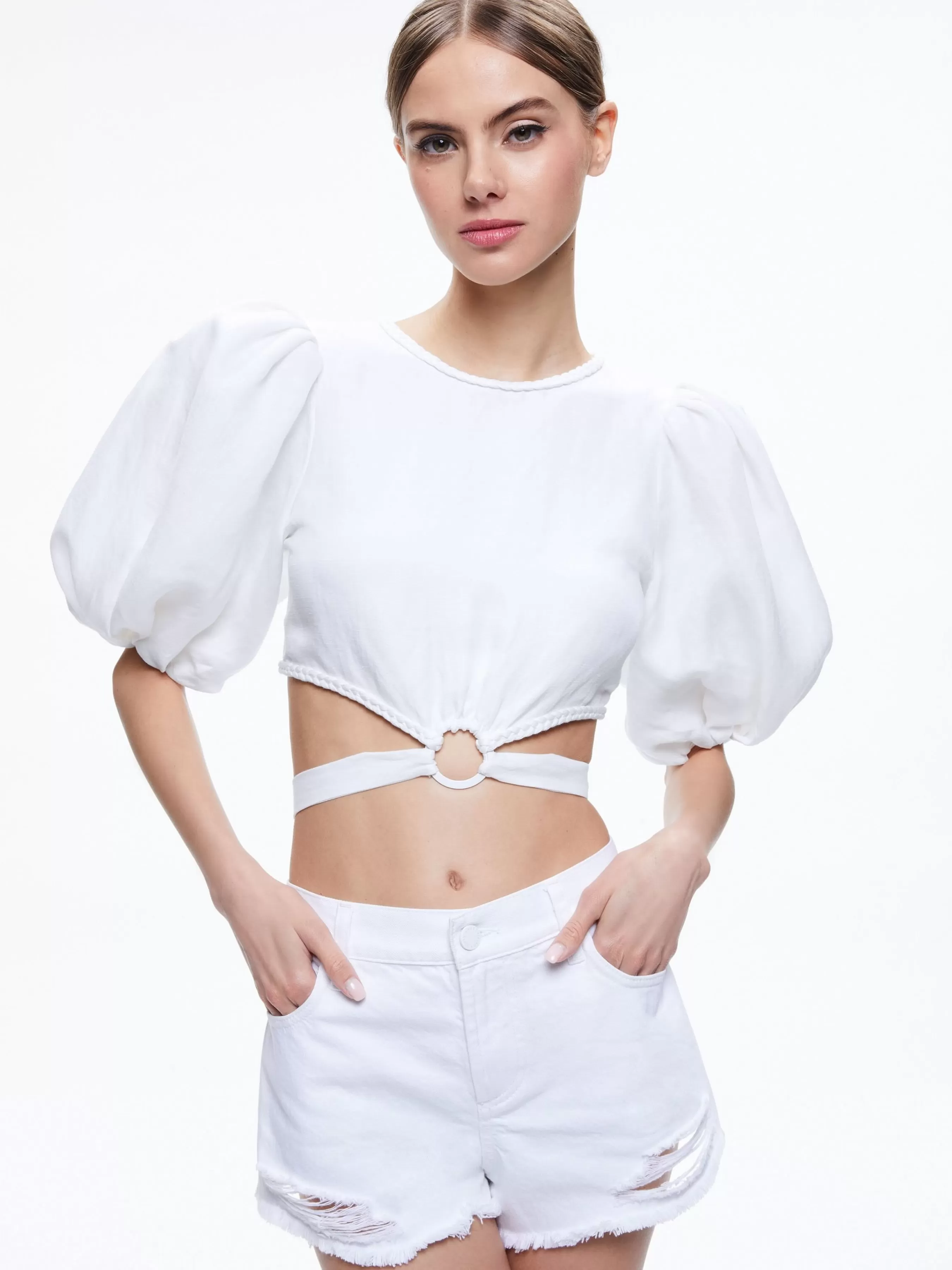 Alice and Olivia COLETTE TIE PUFF SLEEVE CROP TOP