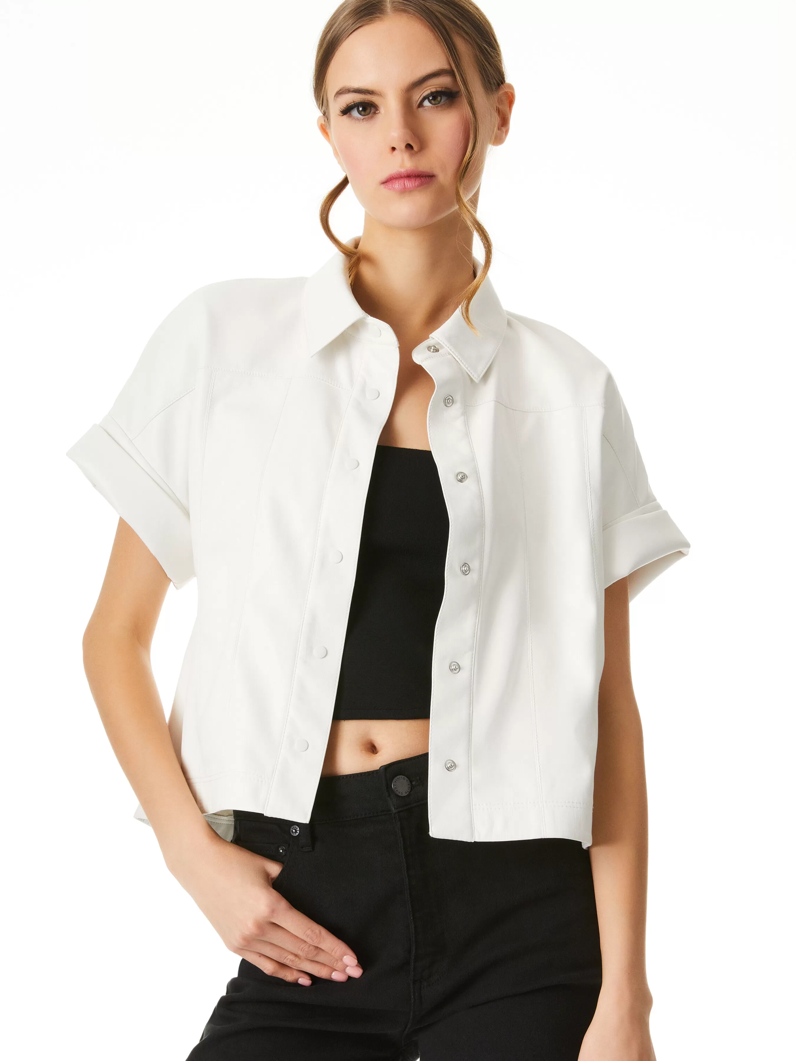 Alice and Olivia EDYTH VEGAN LEATHER BUTTON DOWN