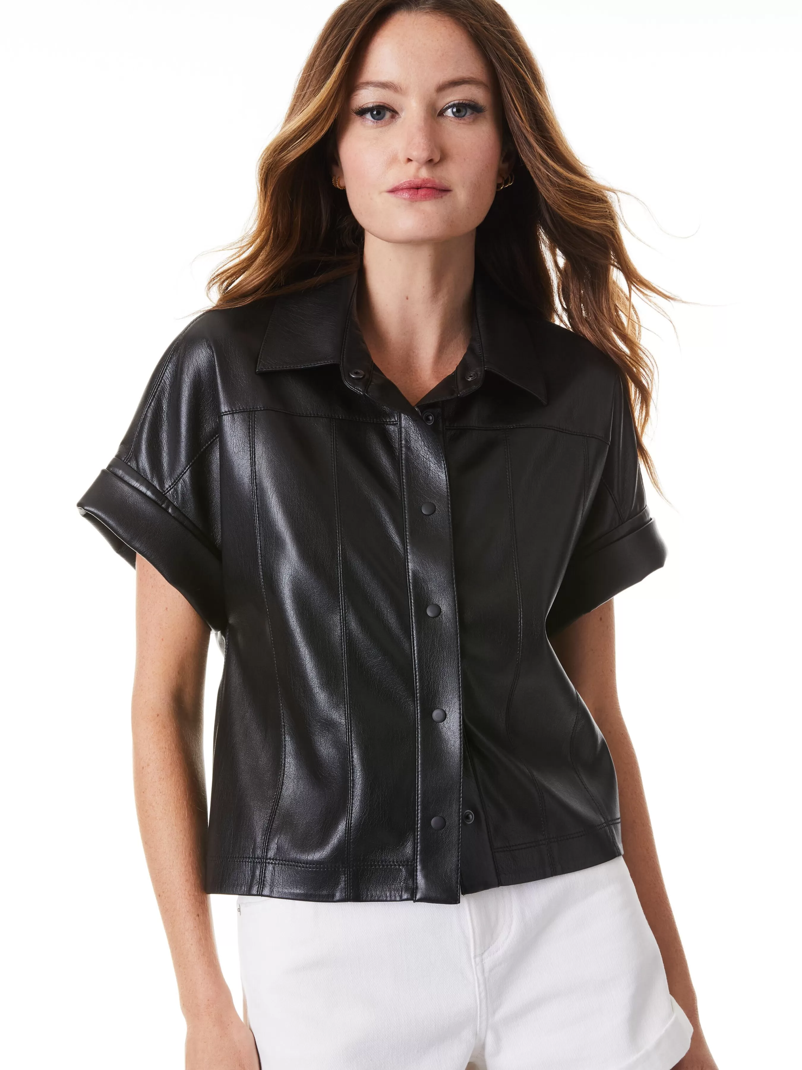 Alice and Olivia EDYTH VEGAN LEATHER BUTTON DOWN