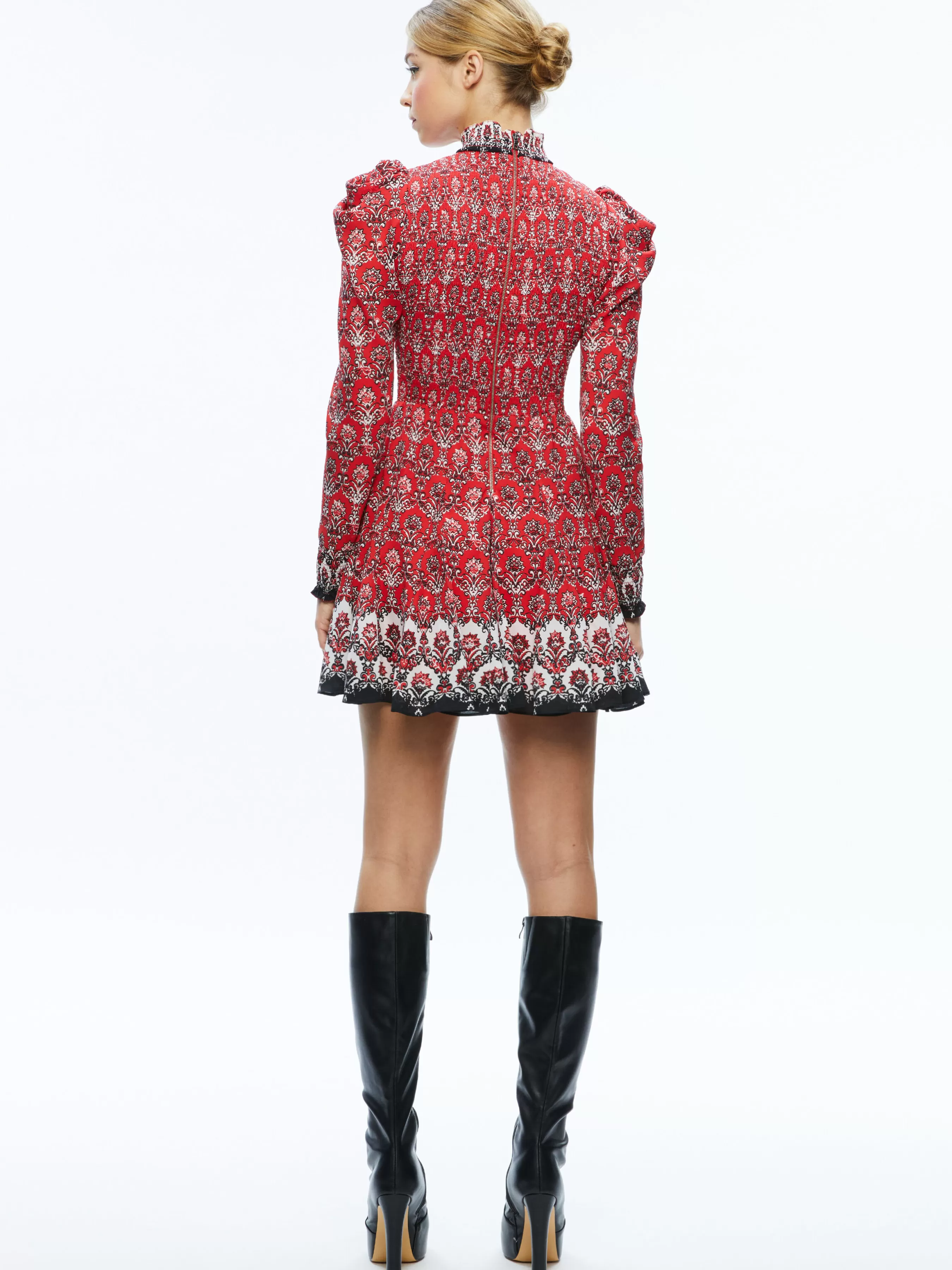 Alice and Olivia ELVIRA SMOCKED BODICE MINI DRESS