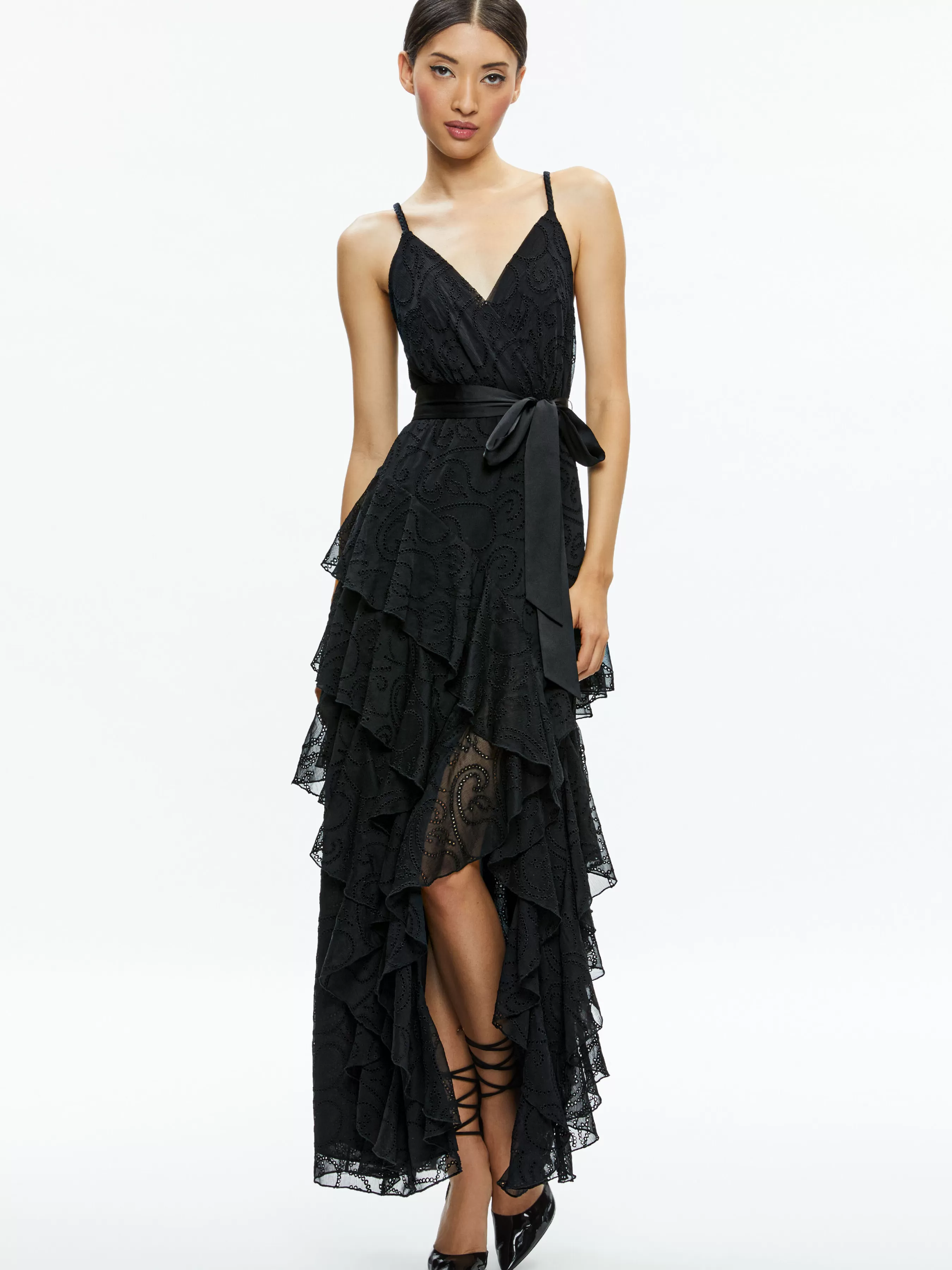 Alice and Olivia EMELIA V-NECK EYELET RUFFLE MAXI DRESS