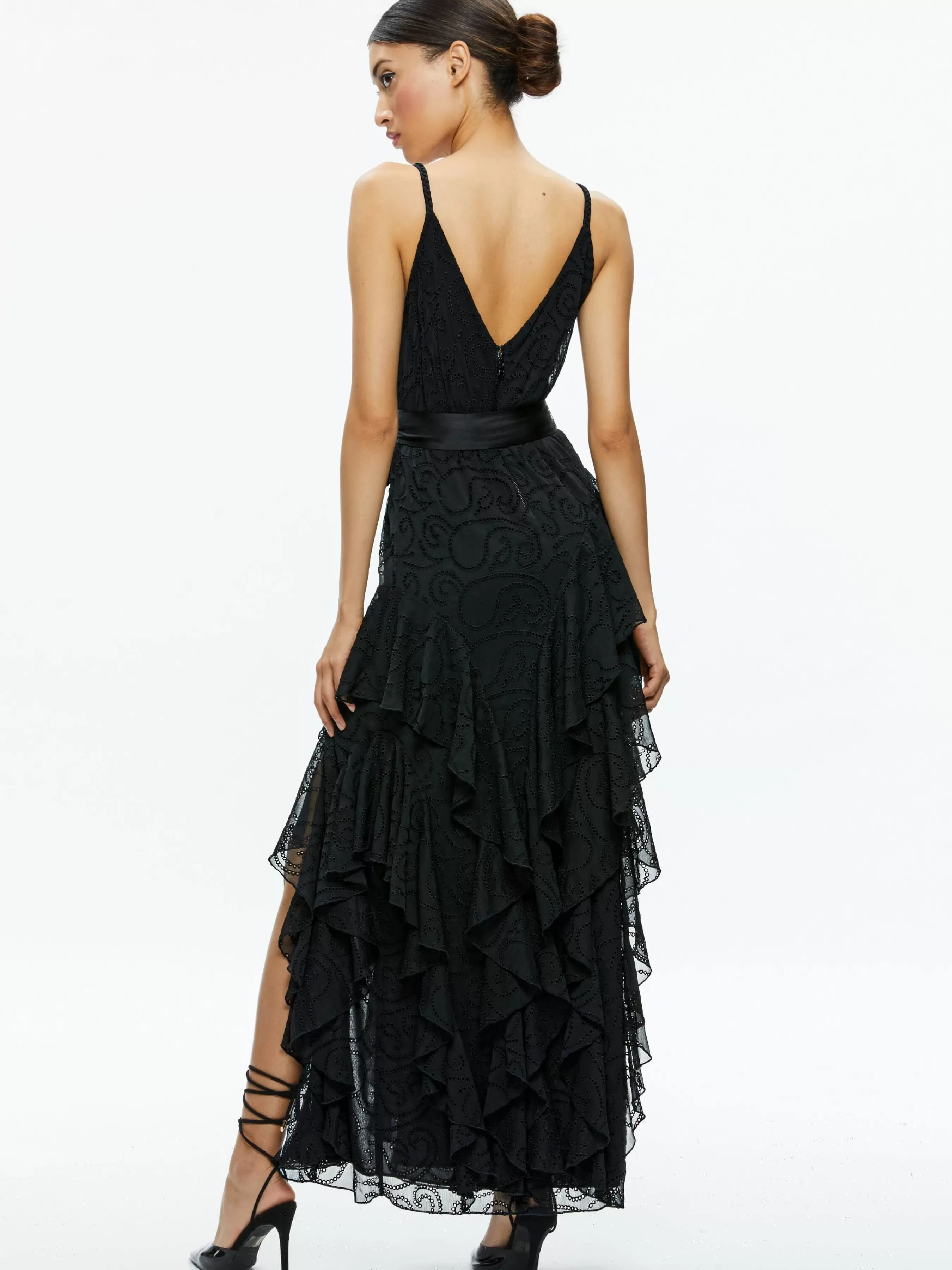 Alice and Olivia EMELIA V-NECK EYELET RUFFLE MAXI DRESS