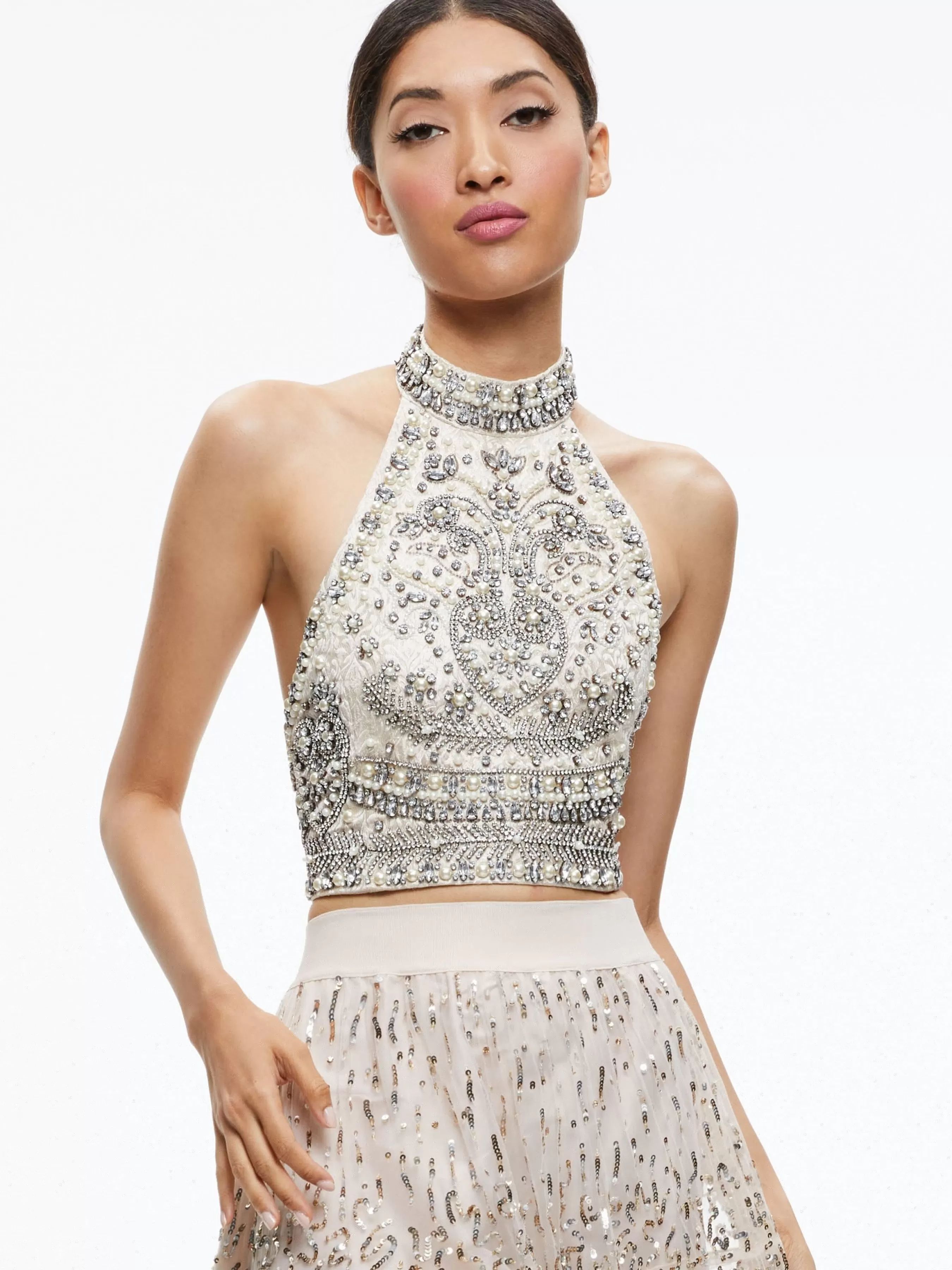 Alice and Olivia GATZ EMBELLISHED HIGH NECK TOP + CATRINA EMBELLISHED GOWN MAXI SKIRT