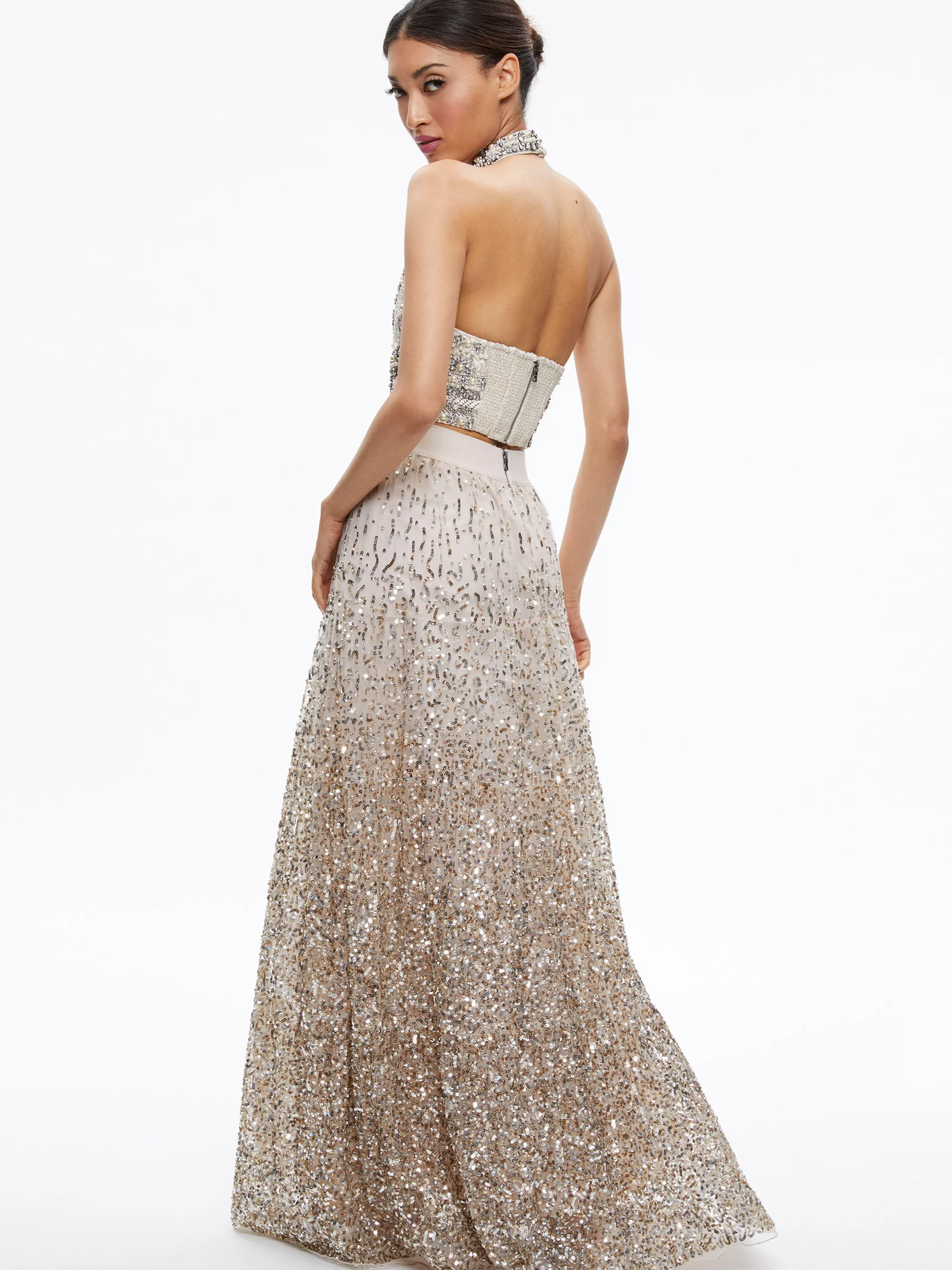 Alice and Olivia GATZ EMBELLISHED HIGH NECK TOP + CATRINA EMBELLISHED GOWN MAXI SKIRT