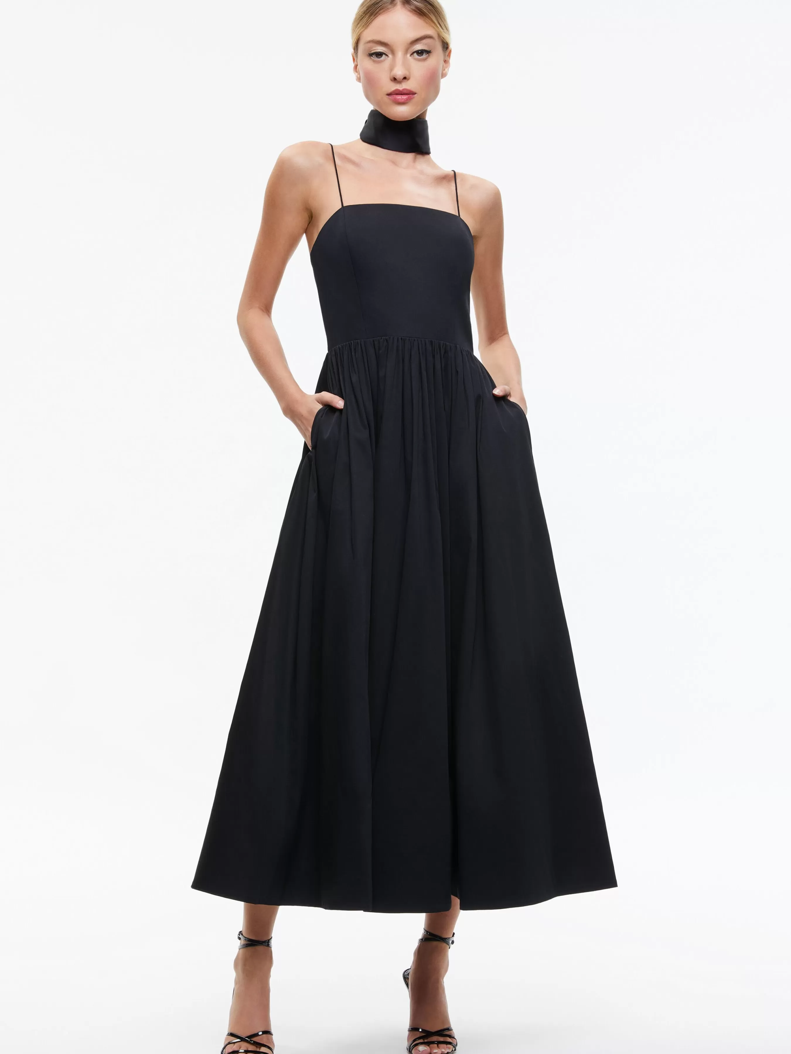 Alice and Olivia GLYNIS SPAGHETTI STRAP SCARF MIDI DRESS