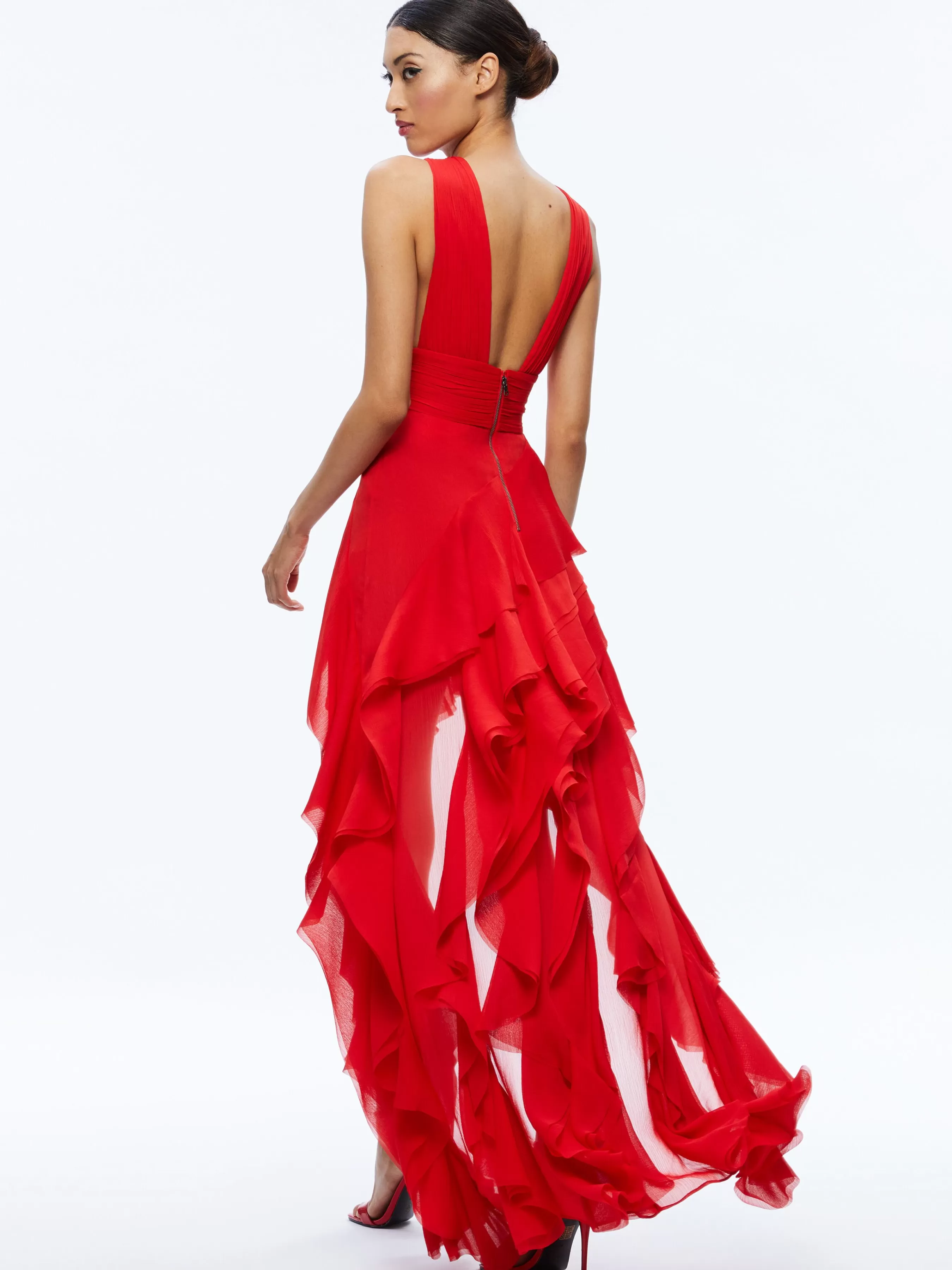 Alice and Olivia HOLLY ASYMMETRIC RUFFLE MAXI DRESS