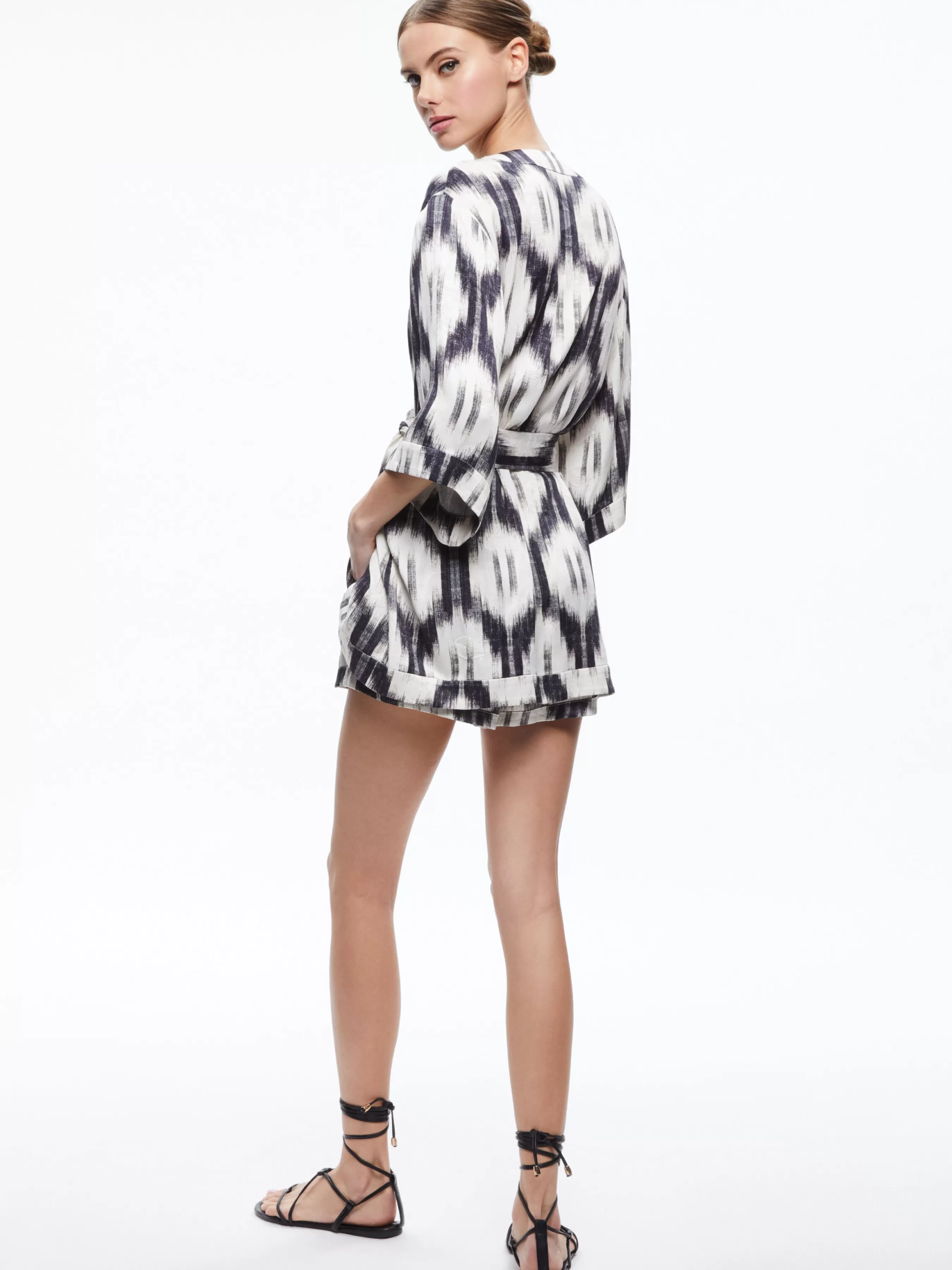 Alice and Olivia IKAT PRINT DOMINO KIMONO WITH TIE BELT + ASH TIE NECK HALTER TOP + TANDY SHORTS