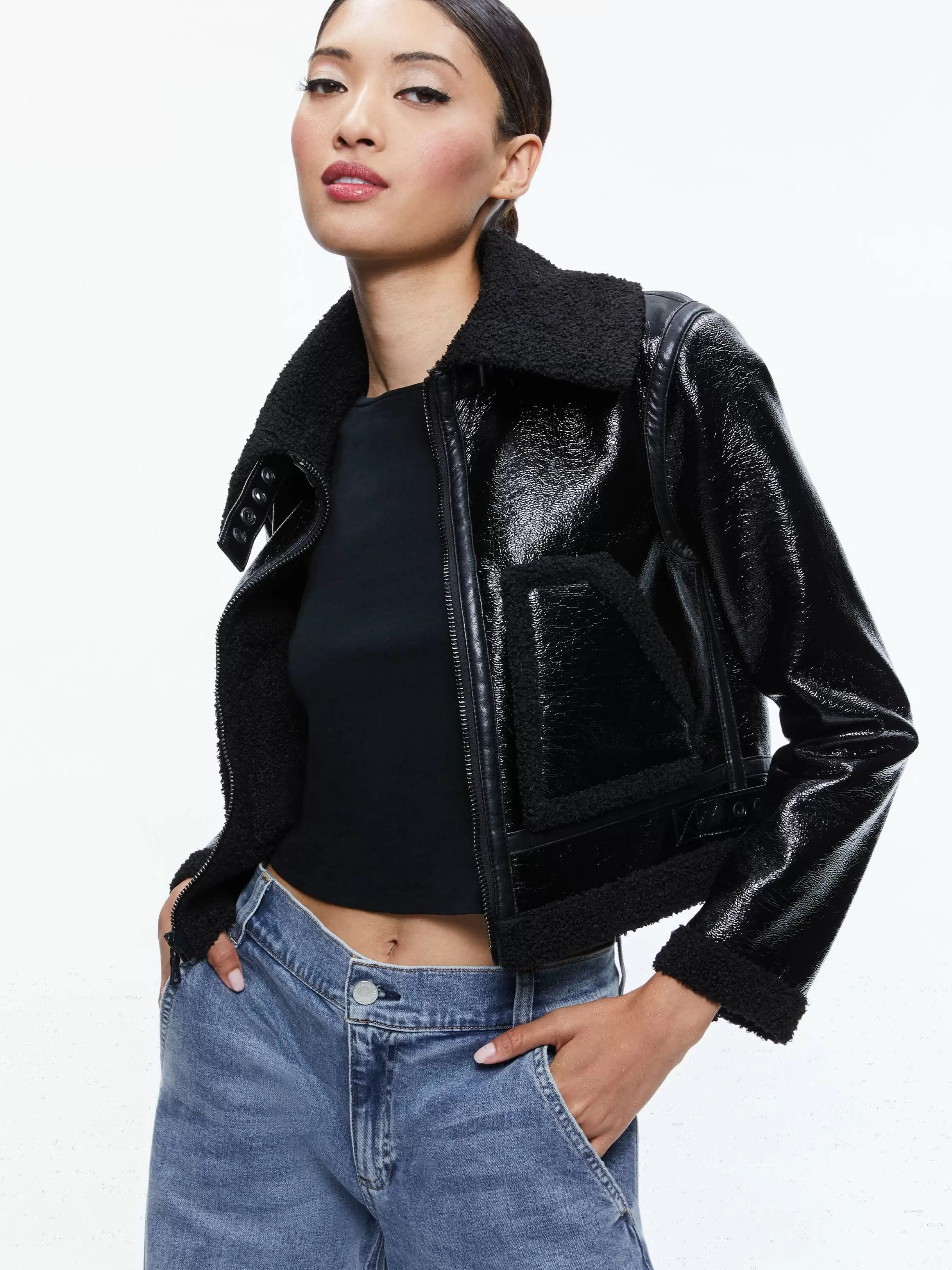 Alice and Olivia ISAIAH VEGAN LEATHER FAUX SHEARLING CROPPED JACKET