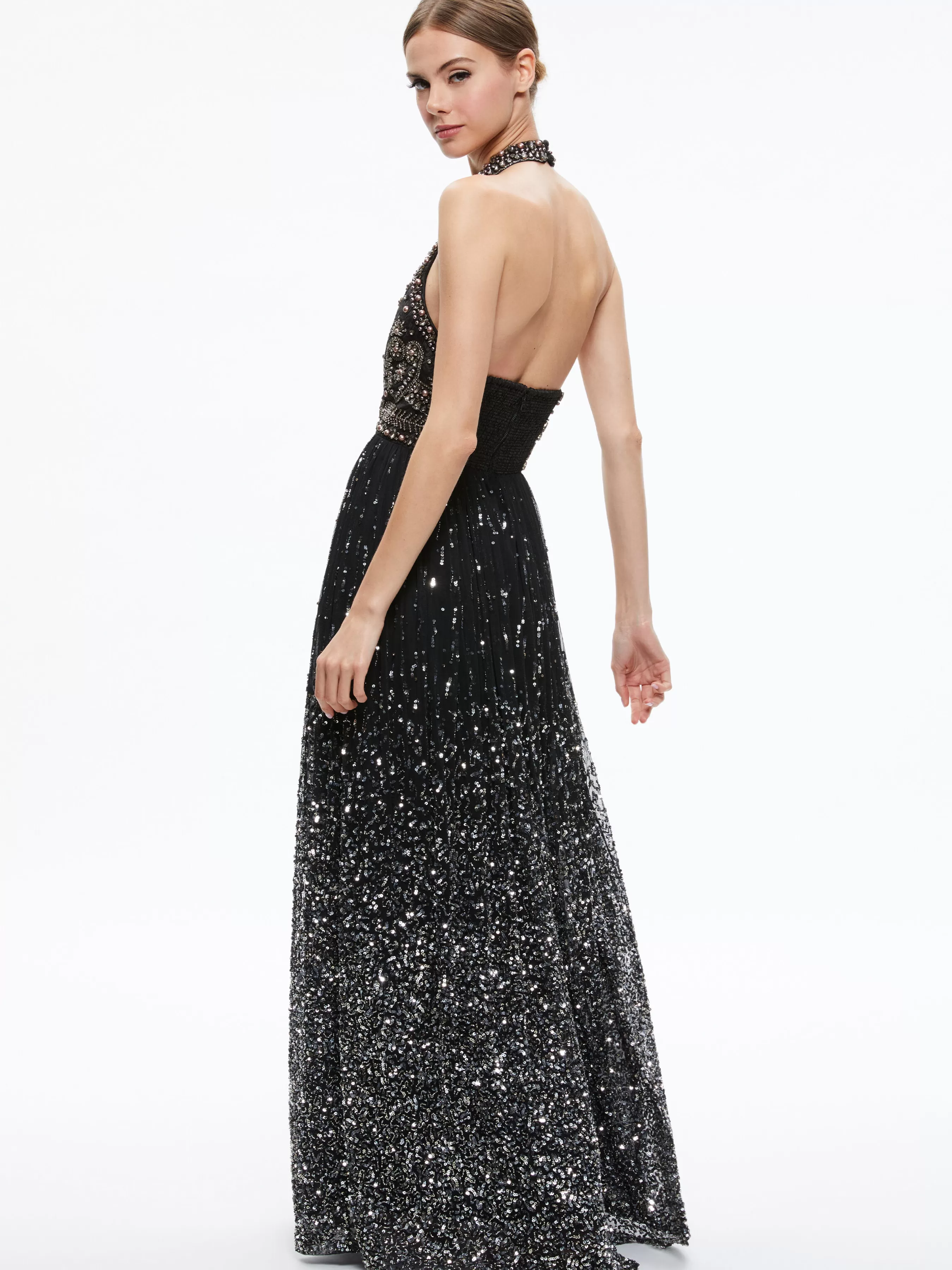 Alice and Olivia JAEL EMBELLISHED HALTER NECK MAXI GOWN