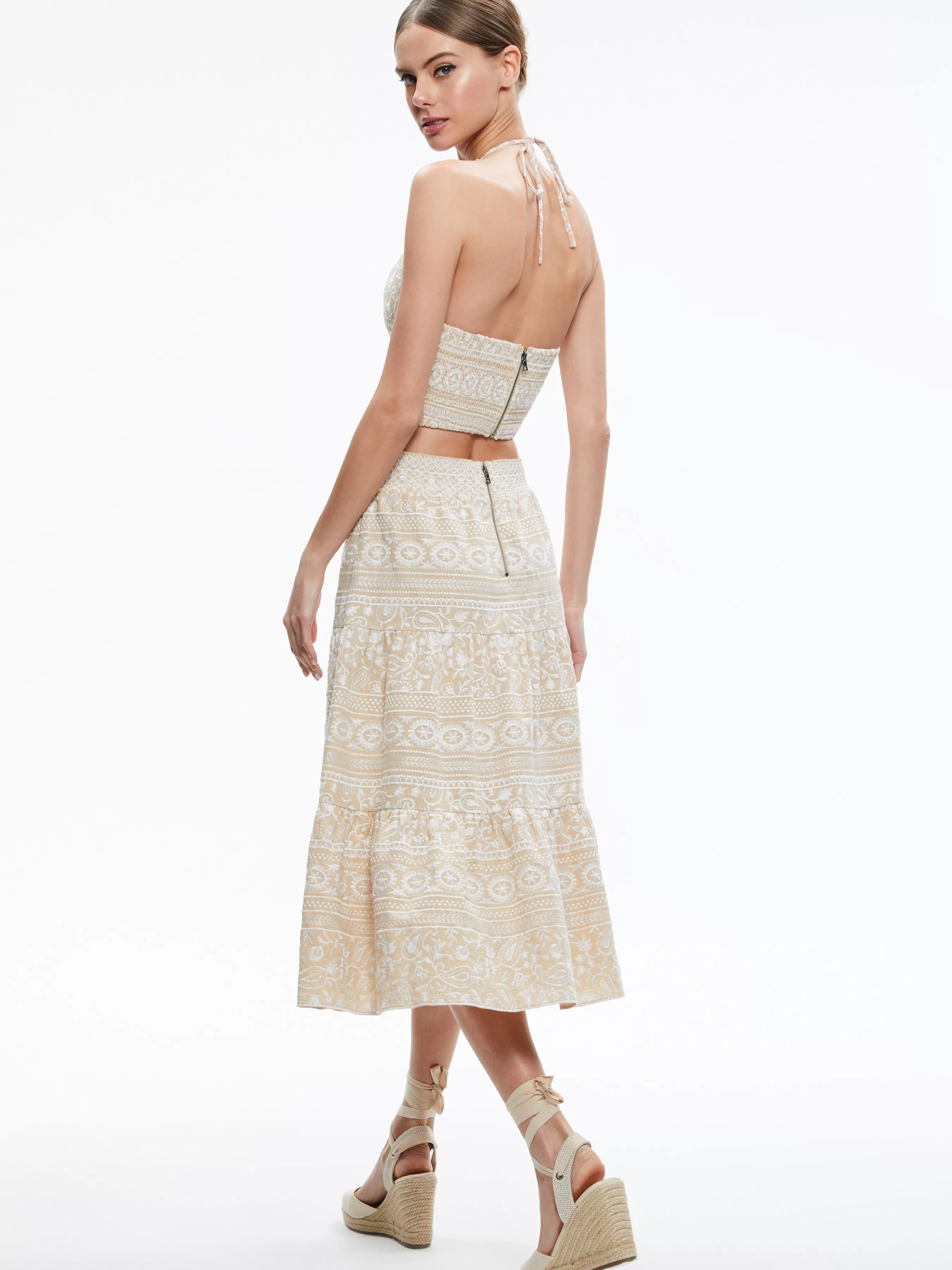 Alice and Olivia JAYMEE TIE NECK CROPPED HALTER TOP + REISE TIERED MIDI SKIRT