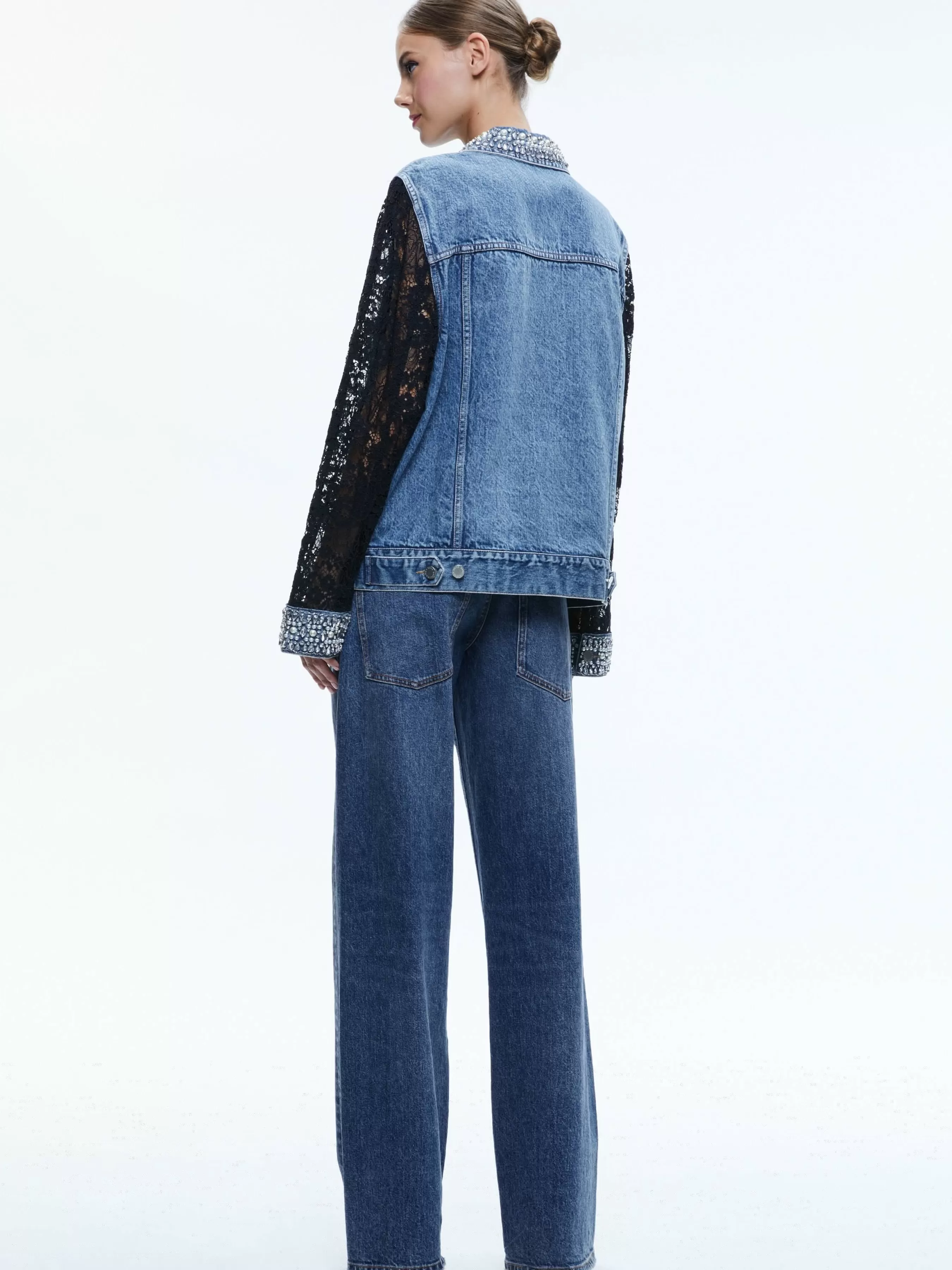 Alice and Olivia JEFF EMBELLISHED LACE SLEEVE DENIM JACKET