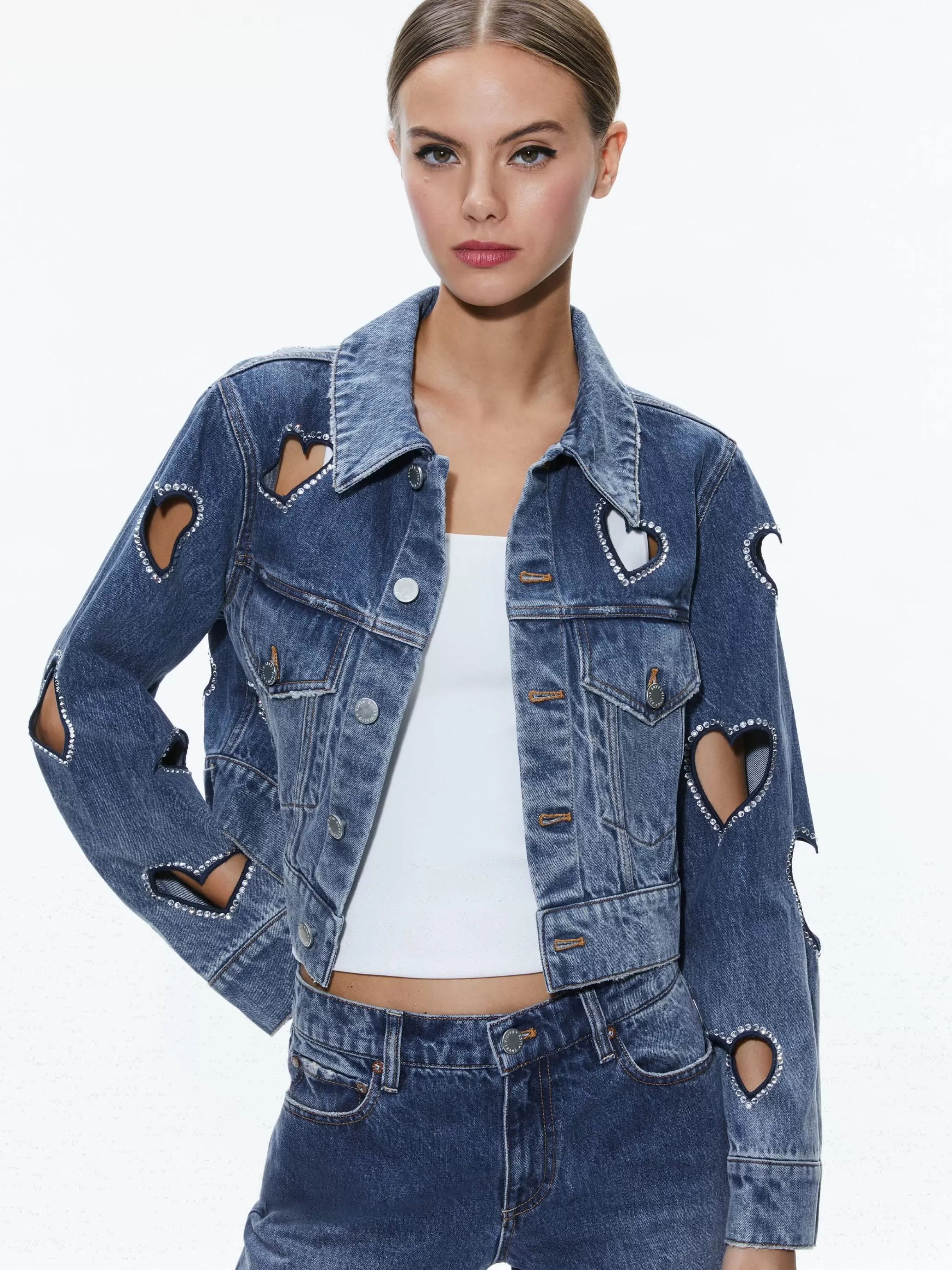 Alice and Olivia JEFF HEART EMBELLISHED CROPPED DENIM JACKET