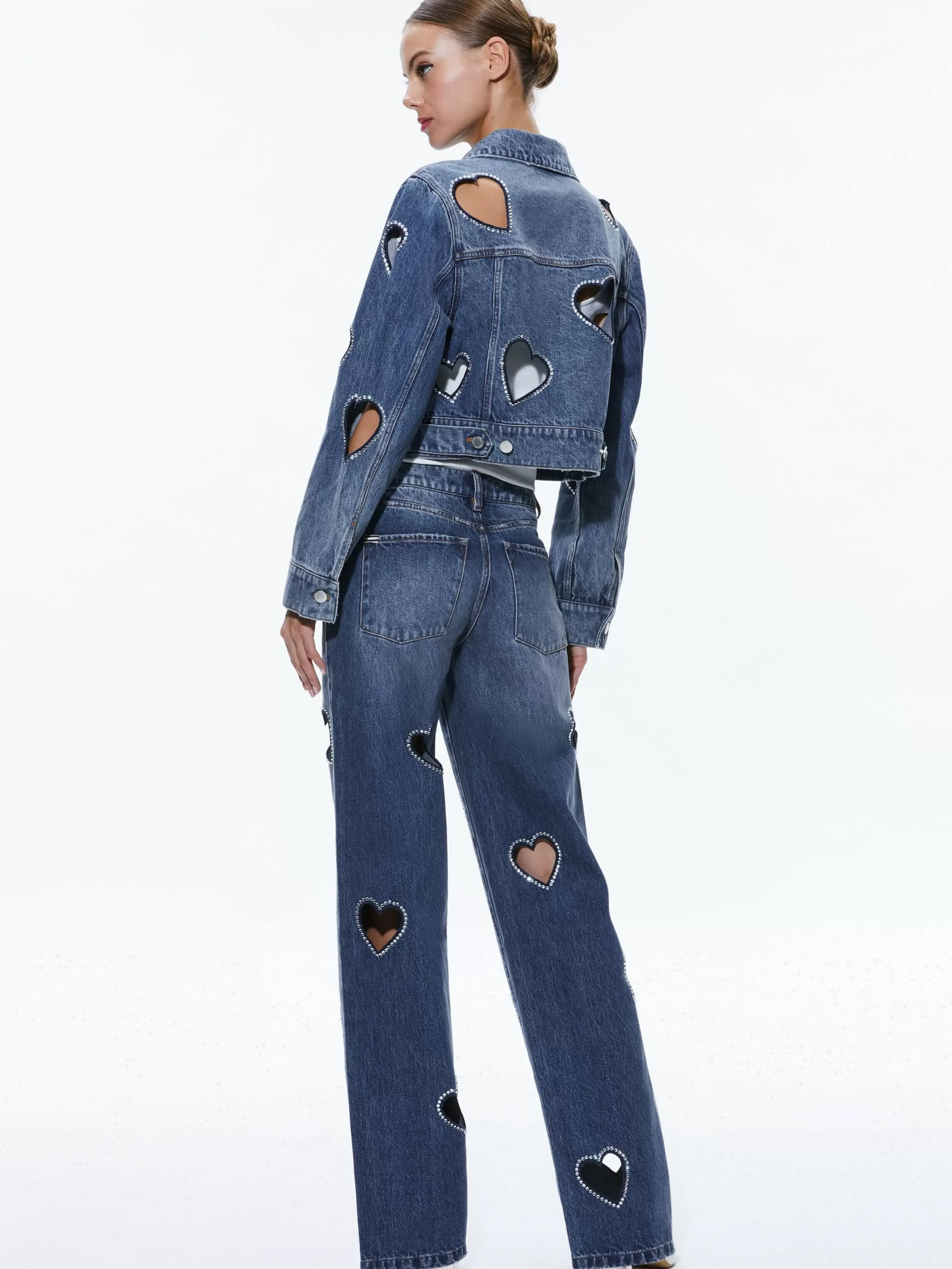 Alice and Olivia JEFF HEART EMBELLISHED CROPPED DENIM JACKET + KARRIE EMBELLISHED HEART JEAN