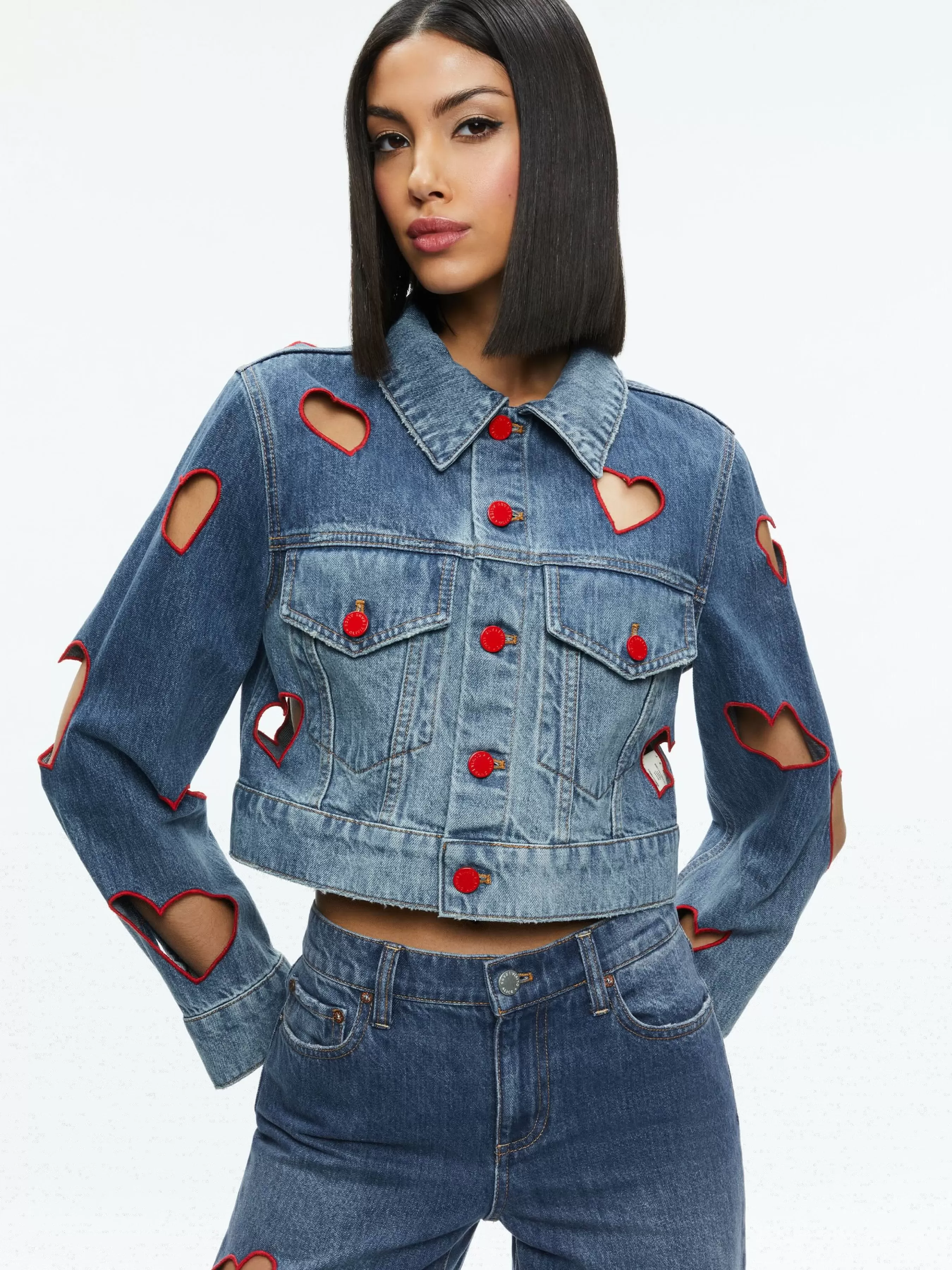 Alice and Olivia JEFF HEART EMBROIDERED CROPPED DENIM JACKET