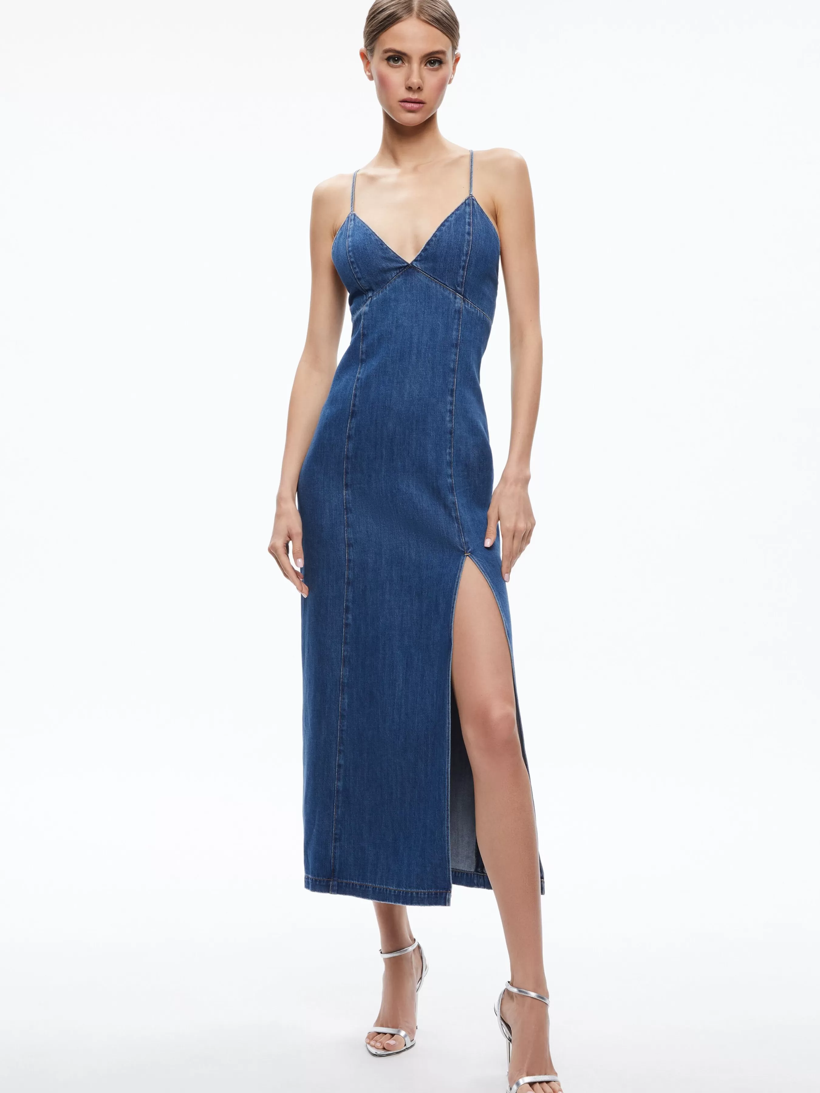 Alice and Olivia JULIETTA DENIM SLIP DRESS WITH SLIT