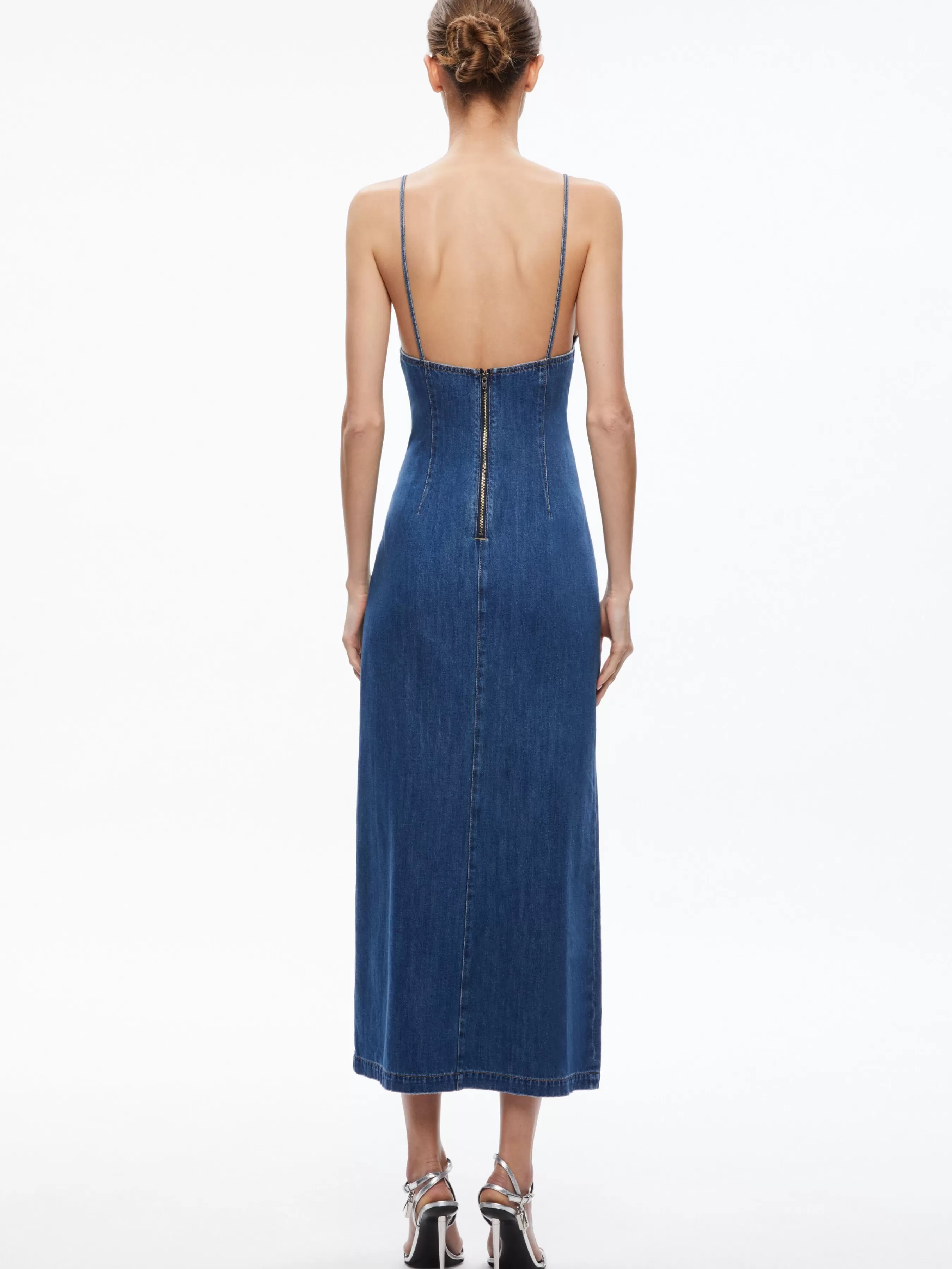 Alice and Olivia JULIETTA DENIM SLIP DRESS WITH SLIT