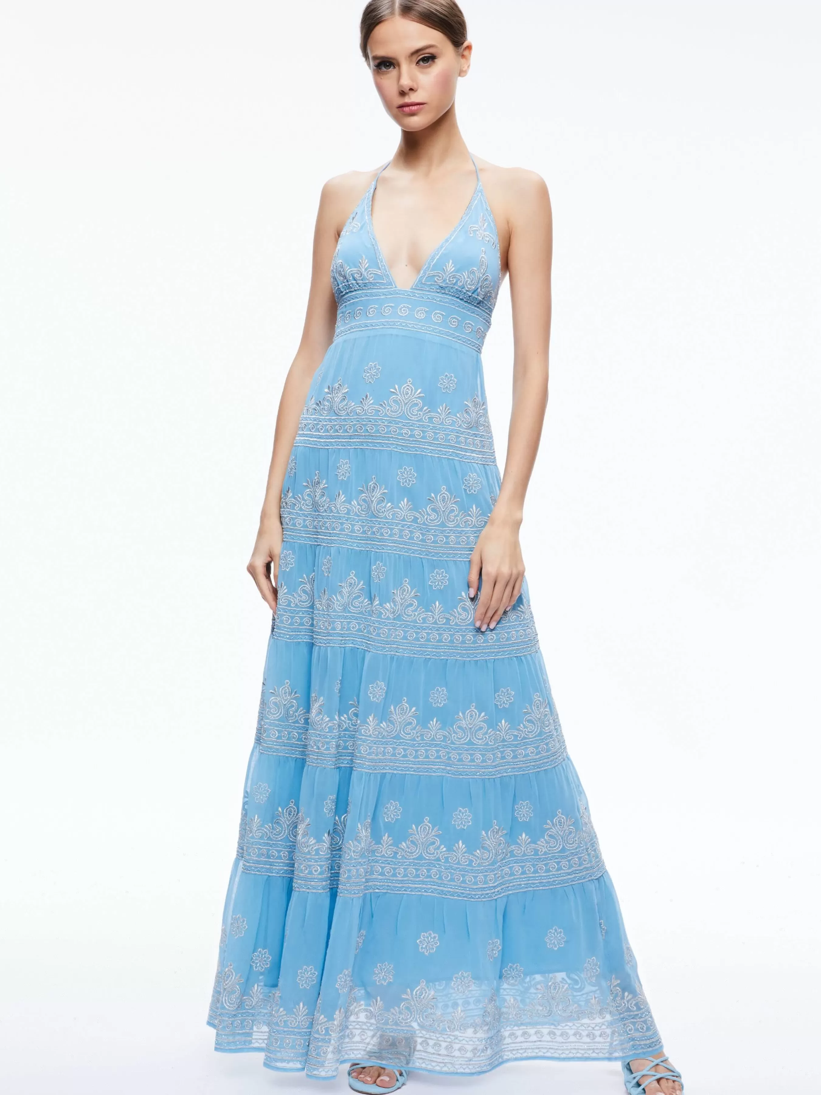 Alice and Olivia KAROLINA EMBROIDERED HALTER NECK MAXI DRESS