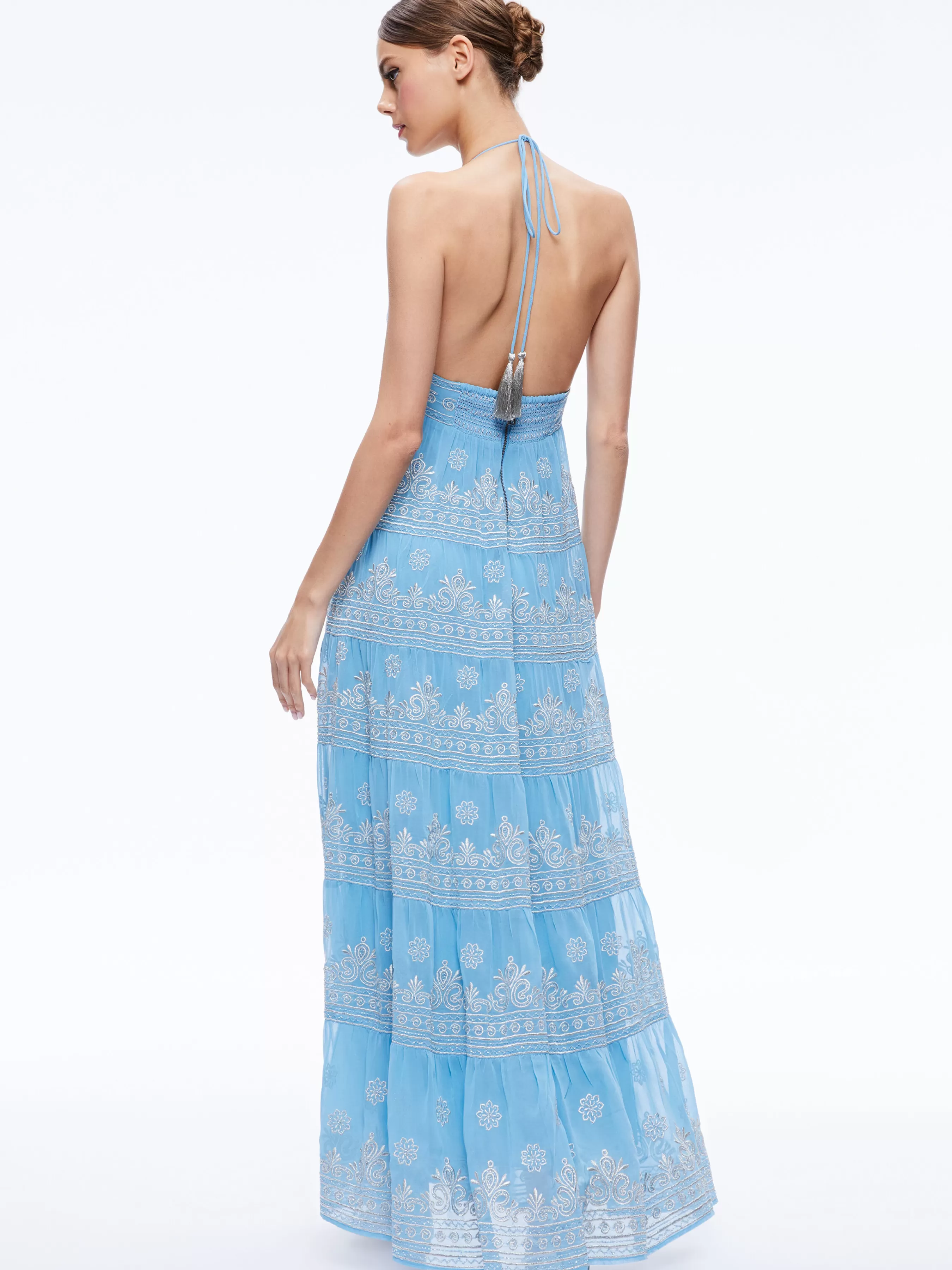 Alice and Olivia KAROLINA EMBROIDERED HALTER NECK MAXI DRESS