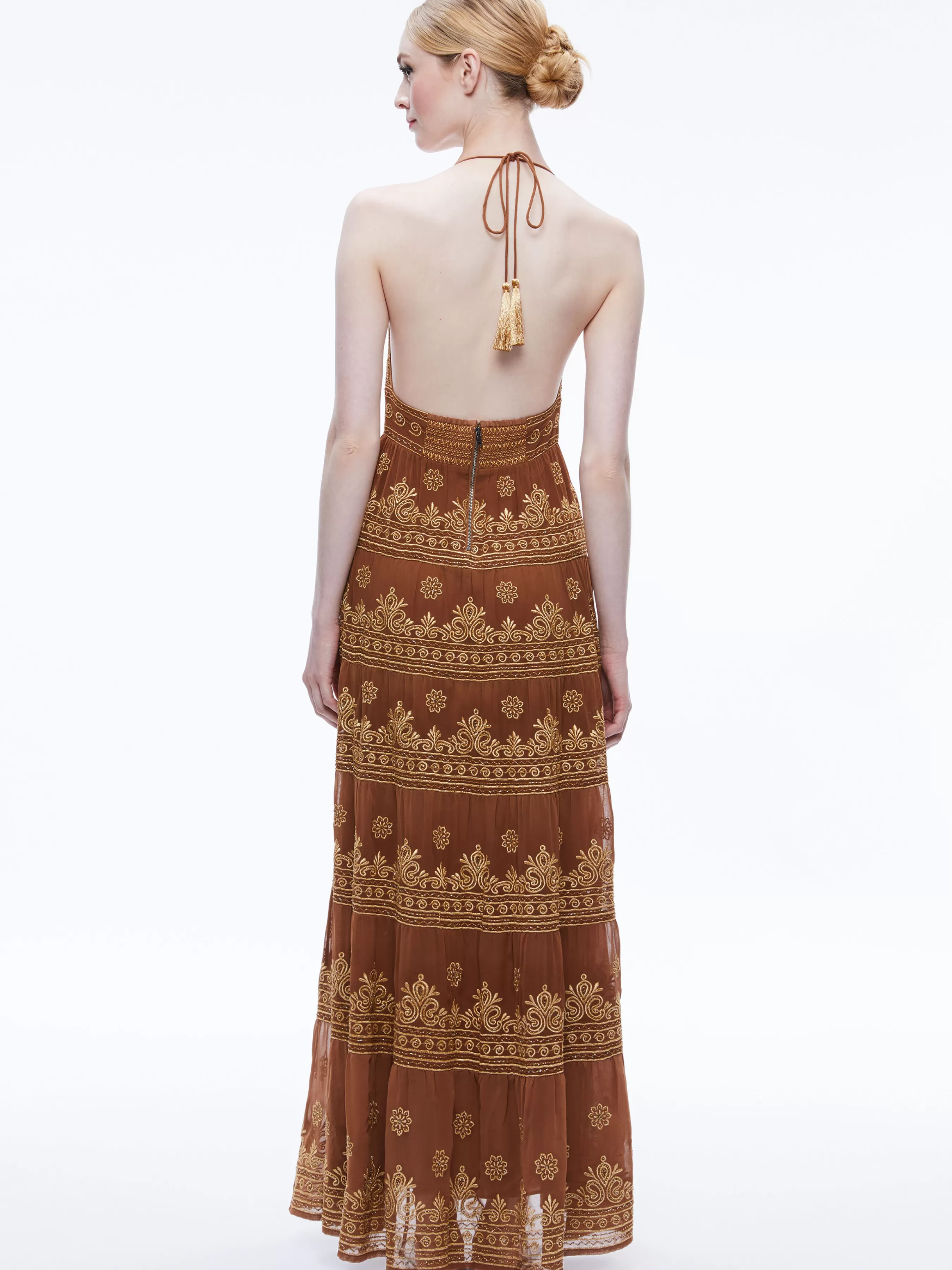 Alice and Olivia KAROLINA EMBROIDERED HALTER NECK MAXI DRESS