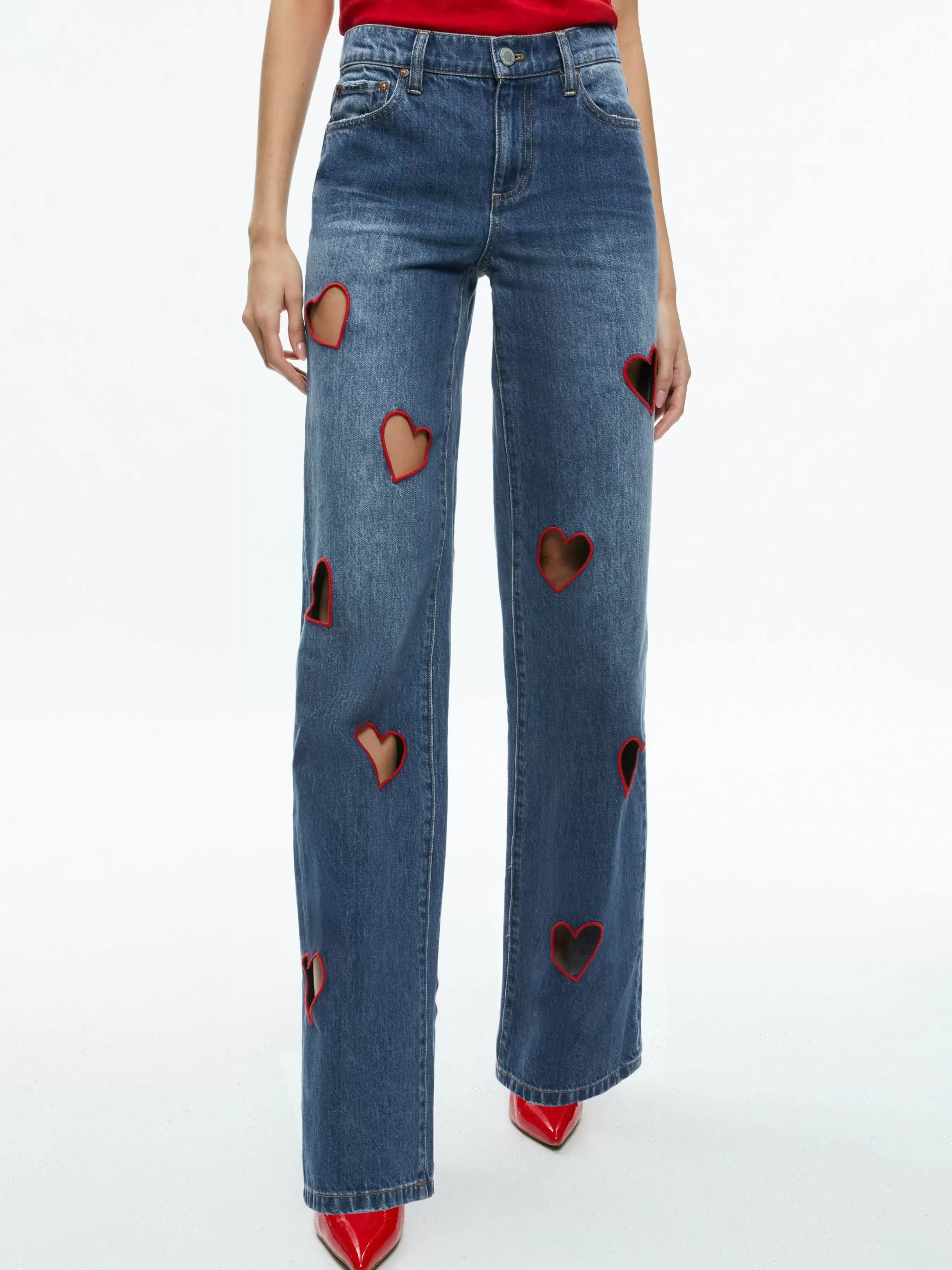 Alice and Olivia KARRIE EMBROIDERED HEART CUTOUT JEAN