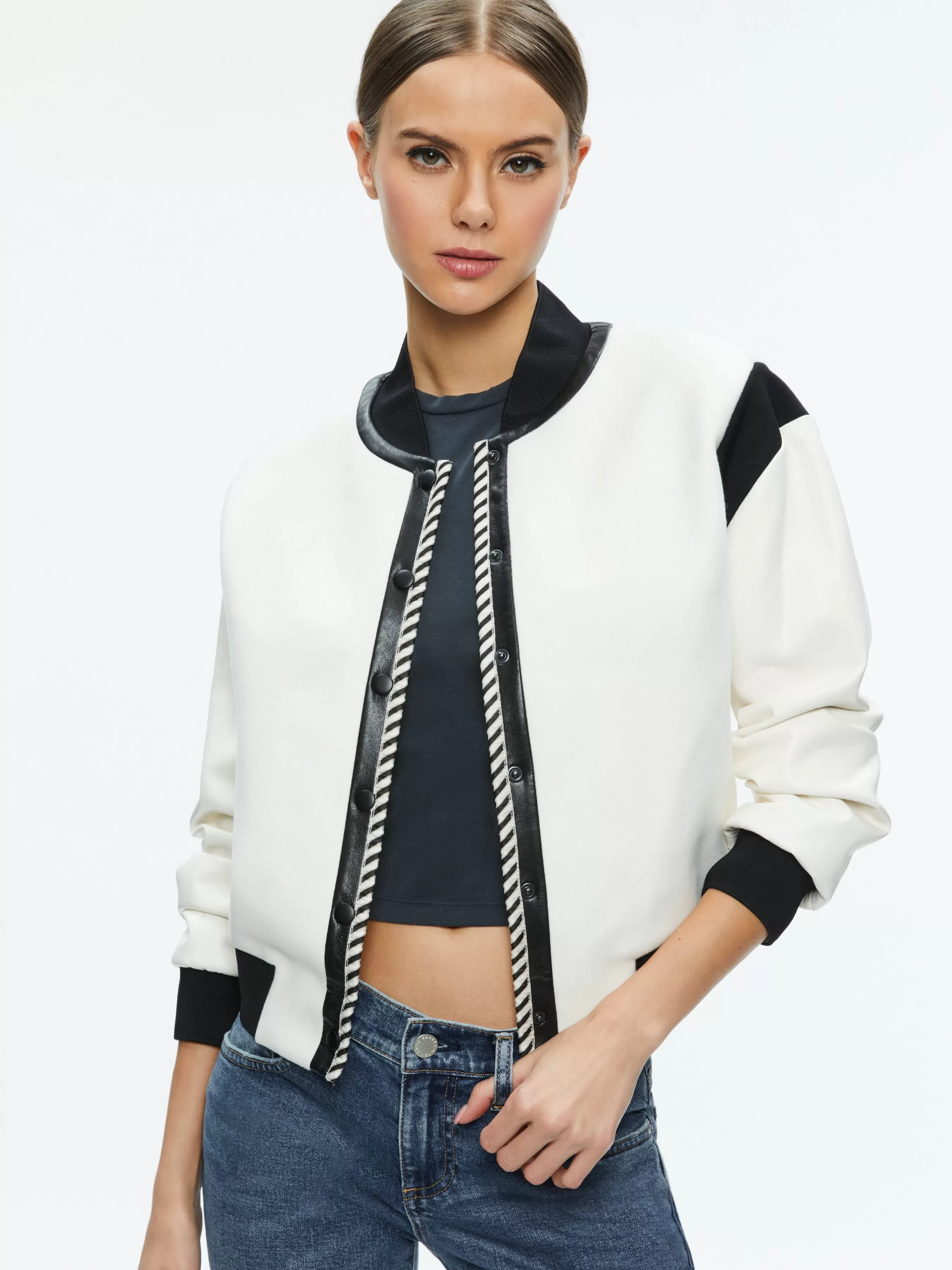 Alice and Olivia KERI COMBINATION VEGAN LEATHER VARSITY JACKET