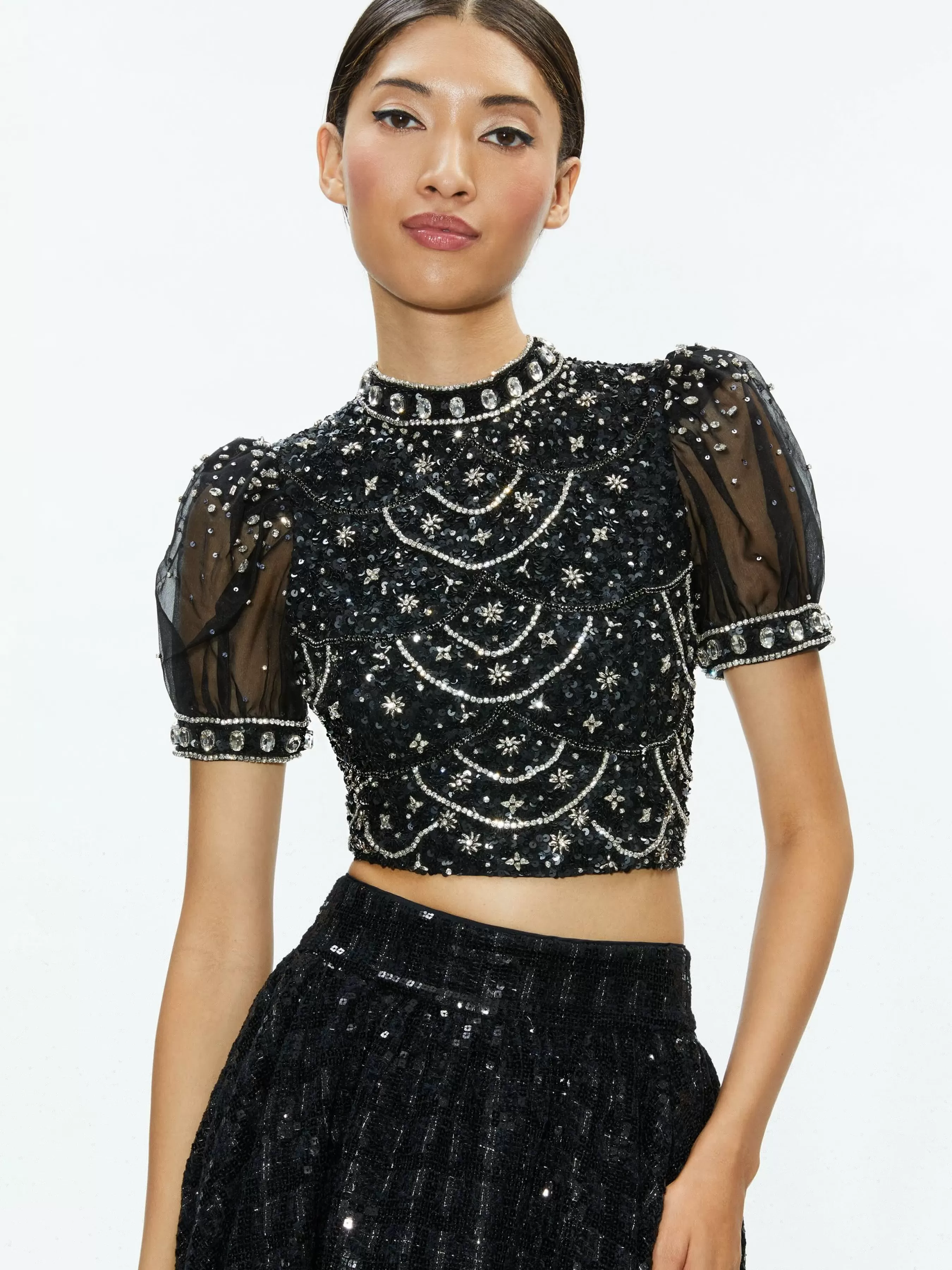 Alice and Olivia KRISTINA EMBELLISHED PUFF SLEEVE CROP TOP