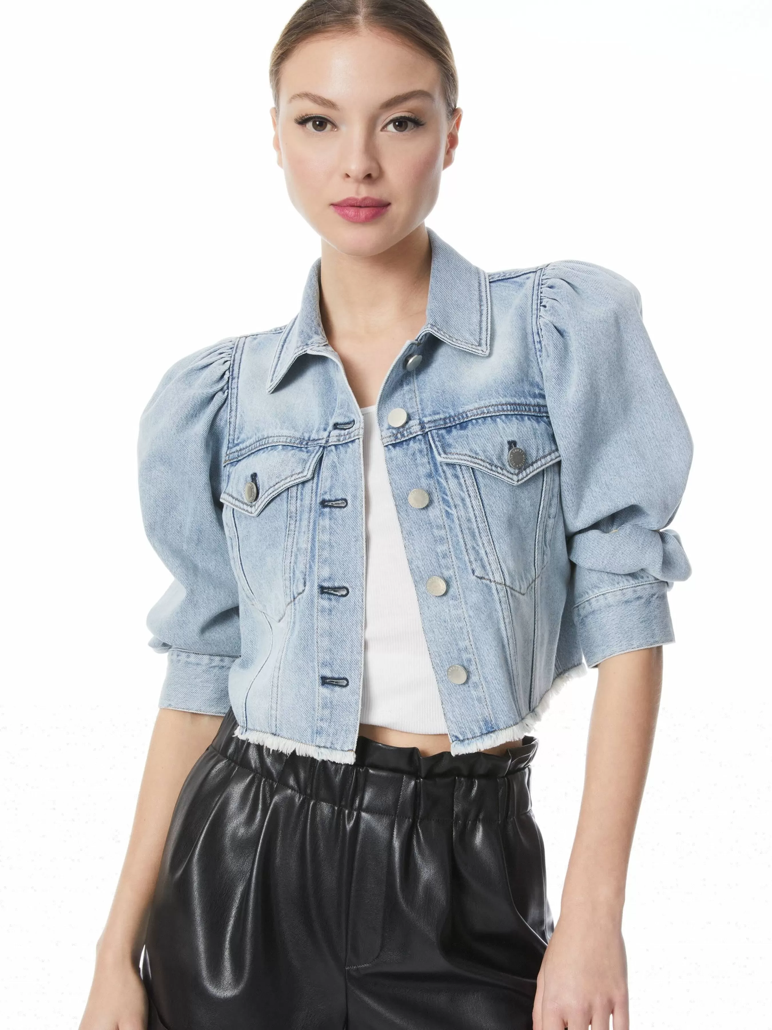 Alice and Olivia LANA PUFF SLEEVE DENIM JACKET WITH RAW HEM