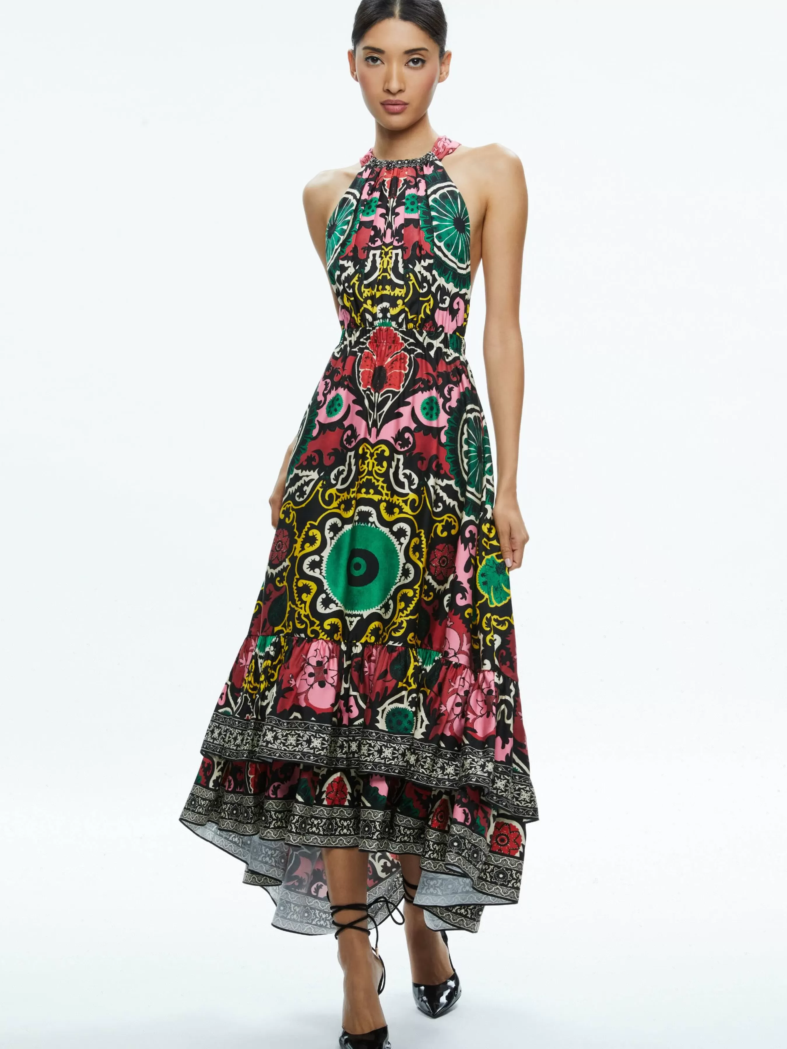 Alice and Olivia LOYCE TWIST BACK RUFFLE MAXI DRESS