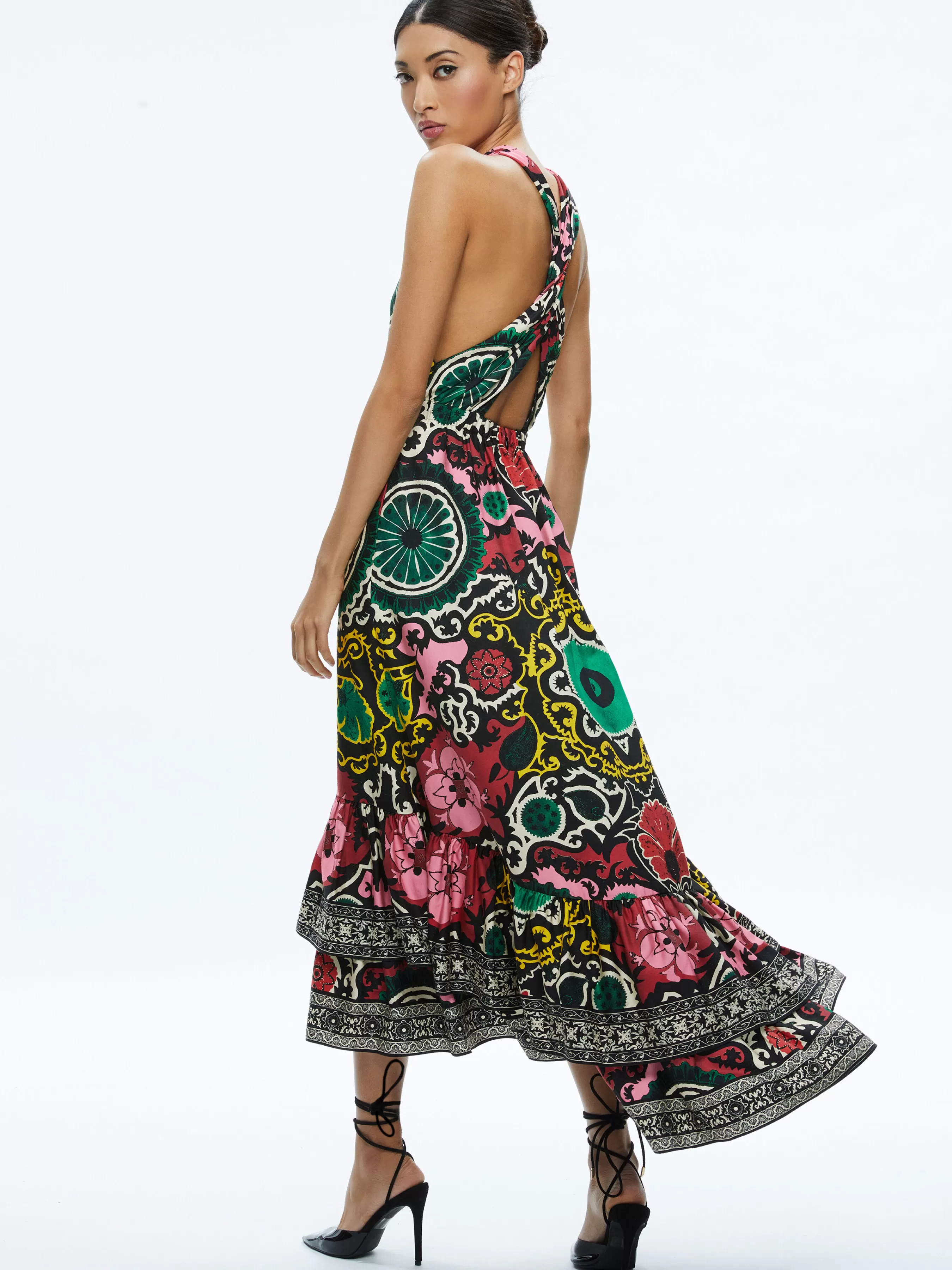 Alice and Olivia LOYCE TWIST BACK RUFFLE MAXI DRESS