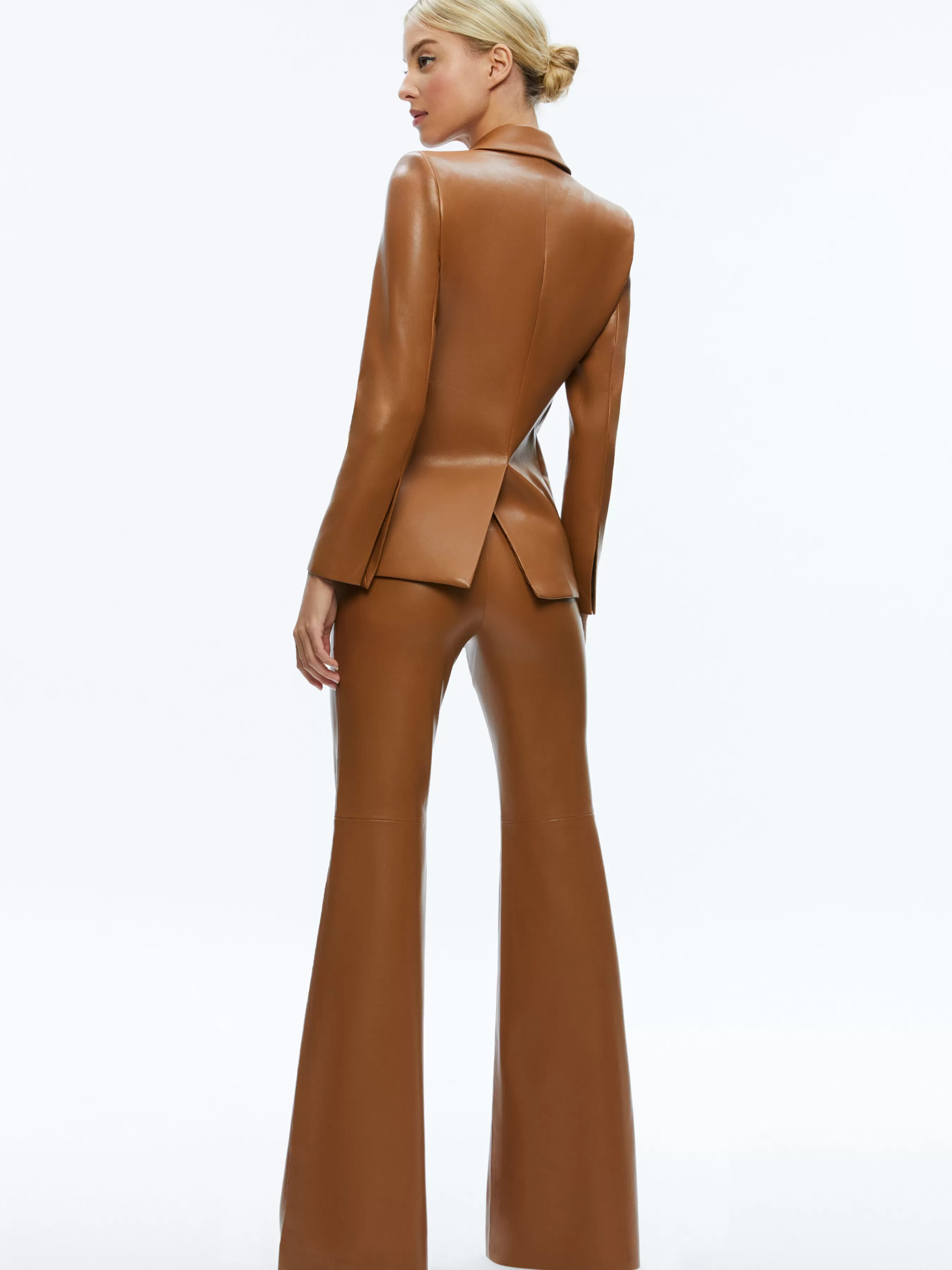 Alice and Olivia MACEY FITTED VEGAN LEATHER BLAZER + DANETTE VEGAN LEATHER SPLIT HEM TROUSERS