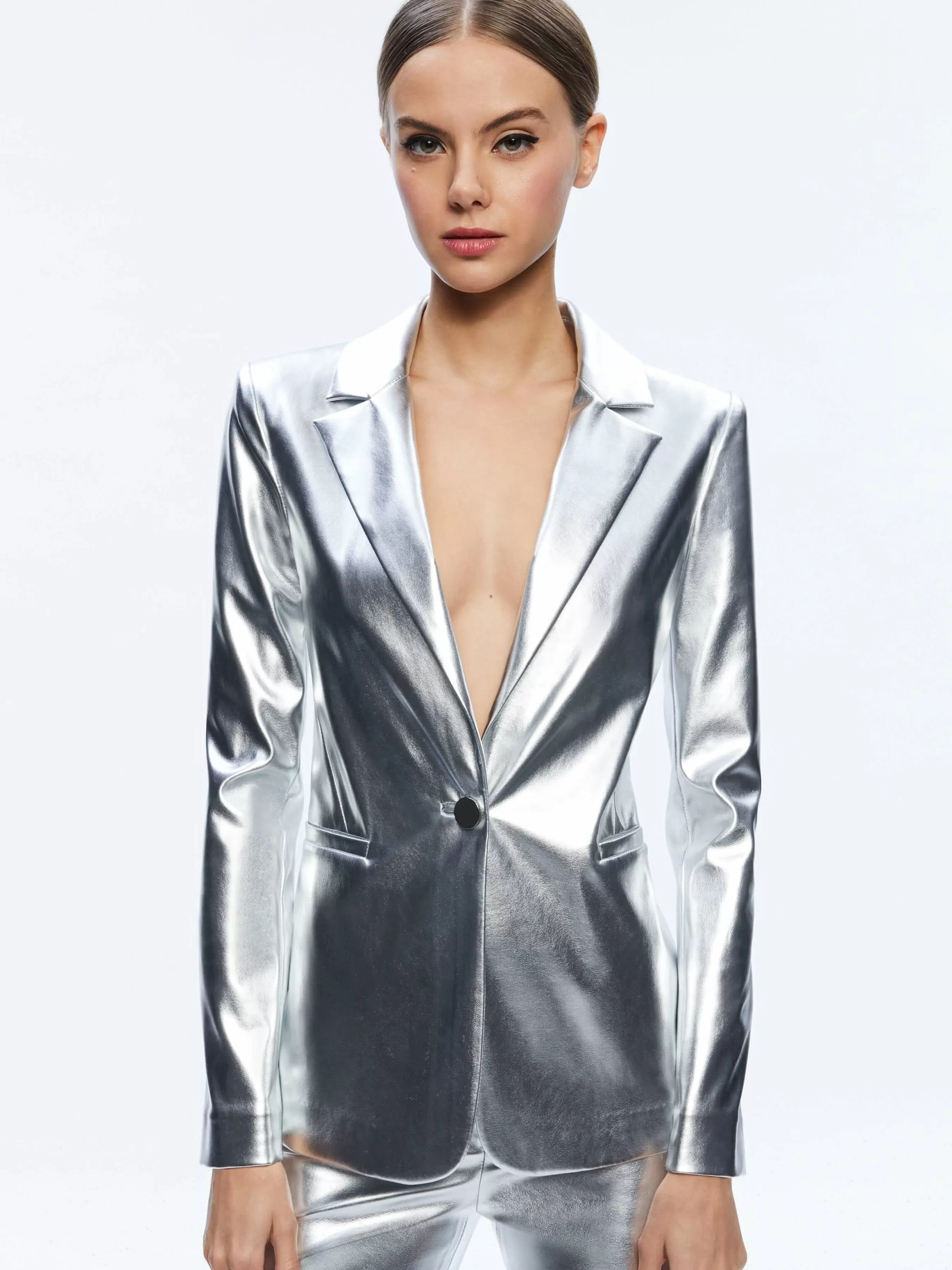 Alice and Olivia MACEY METALLIC VEGAN LEATHER BLAZER