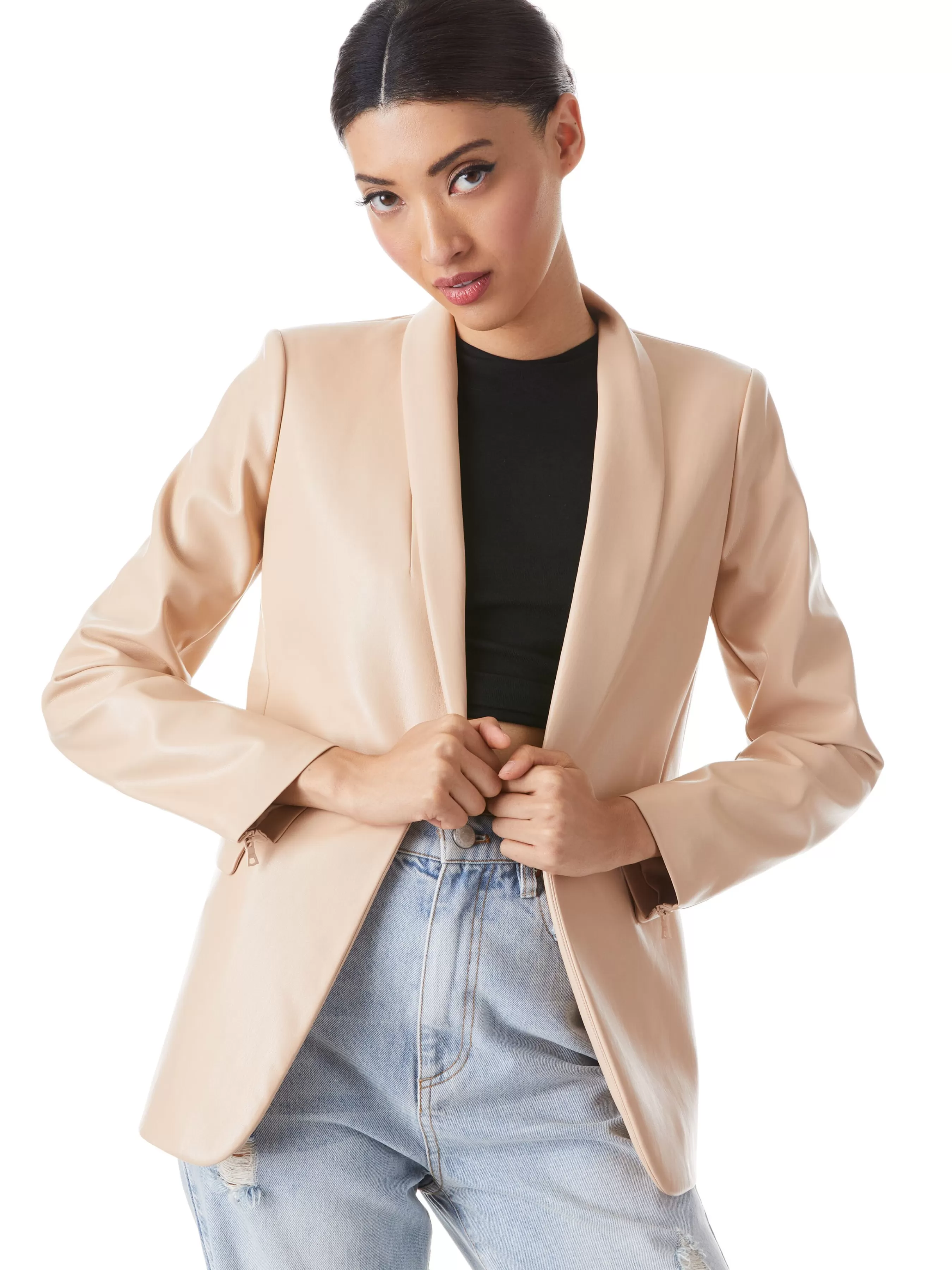 Alice and Olivia MACEY VEGAN LEATHER SHAWL COLLAR BLAZER