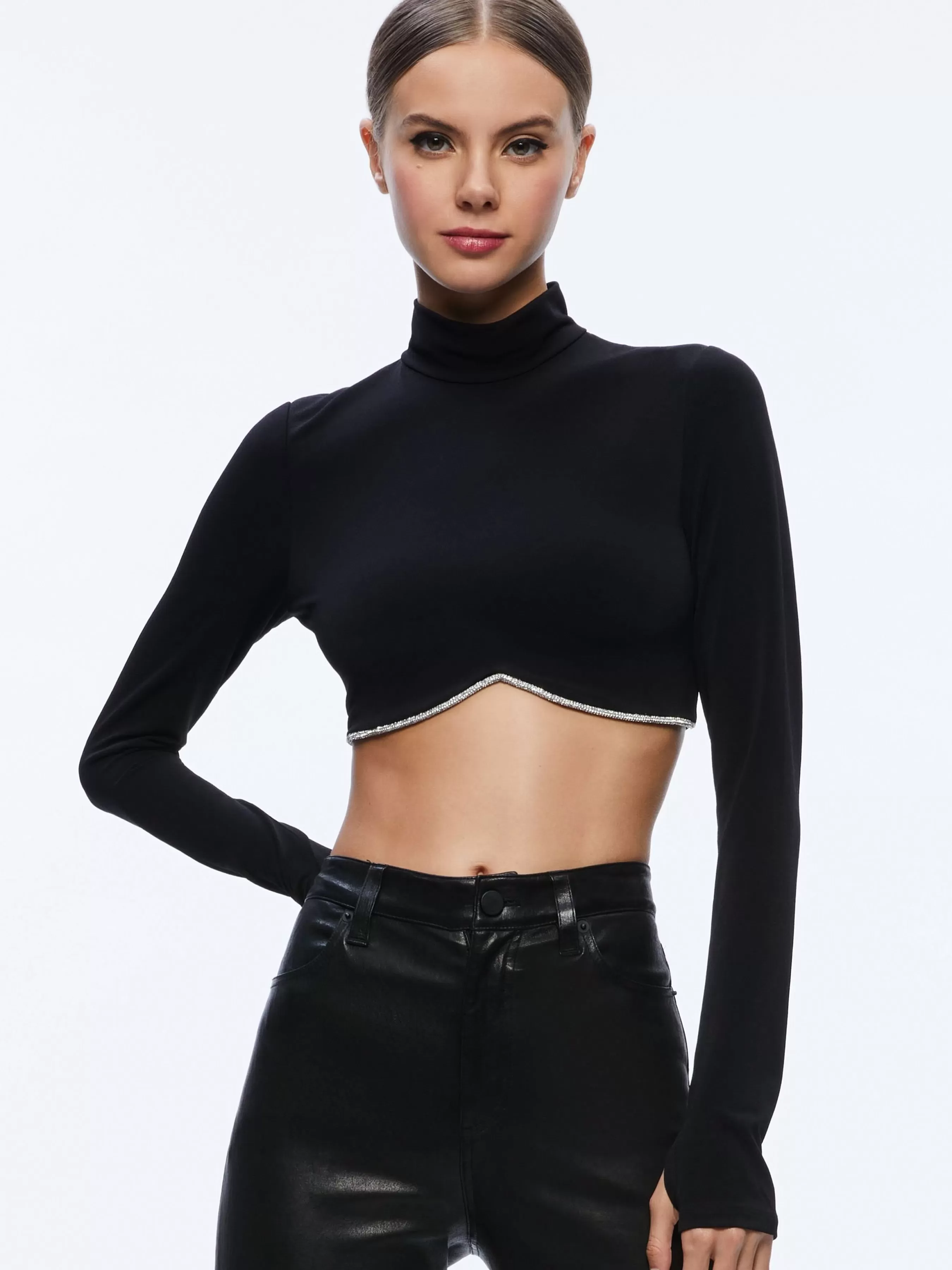 Alice and Olivia MELANGE RHINESTONE CROPPED TURTLENECK