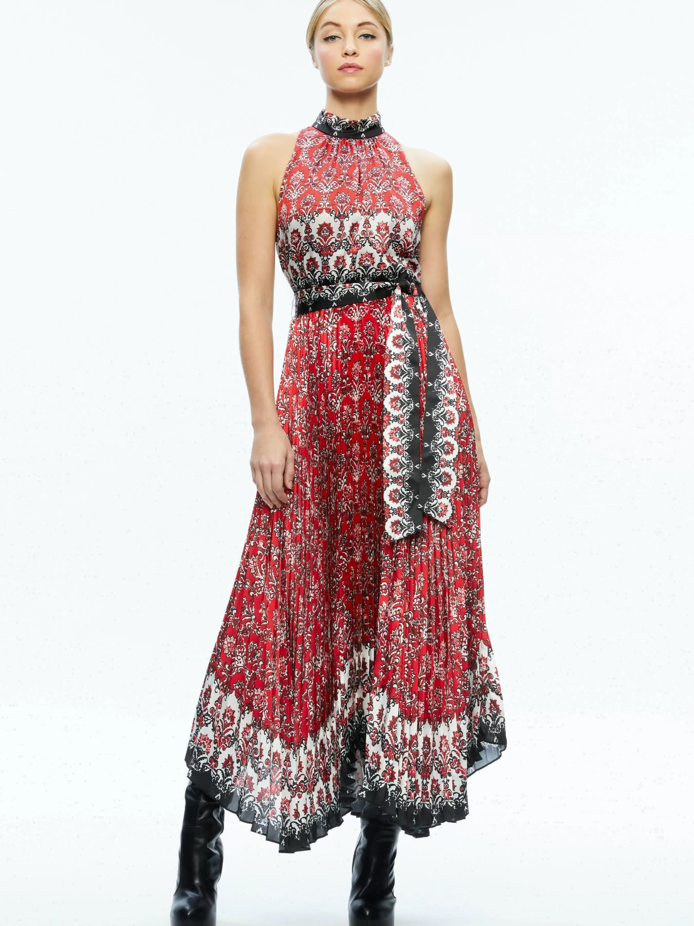 Alice and Olivia MERTIE MOCK NECK PLEATED MAXI DRESS