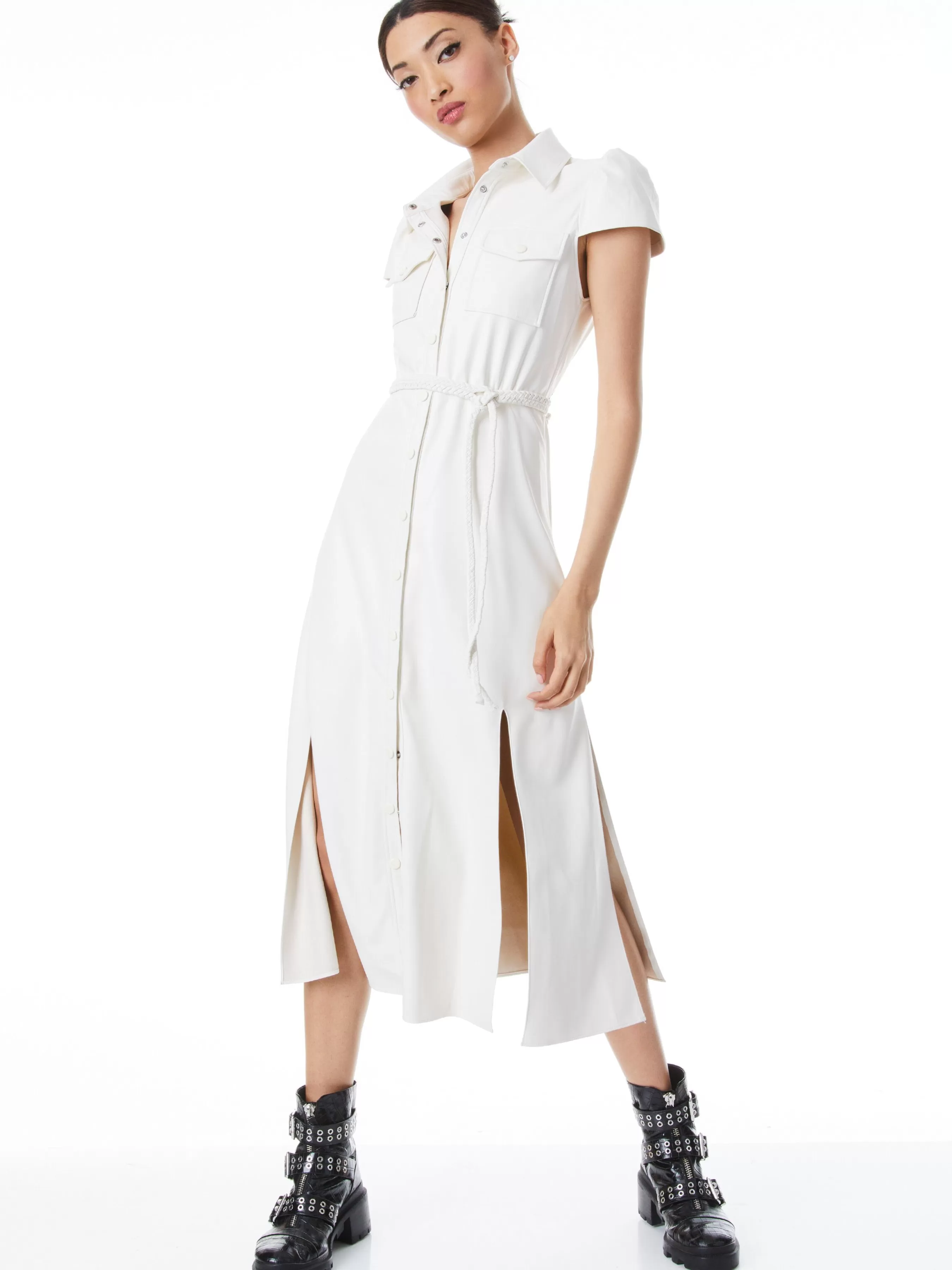 Alice and Olivia MIRANDA SHORT SLEEVE VEGAN LEATHER MIDI DRESS