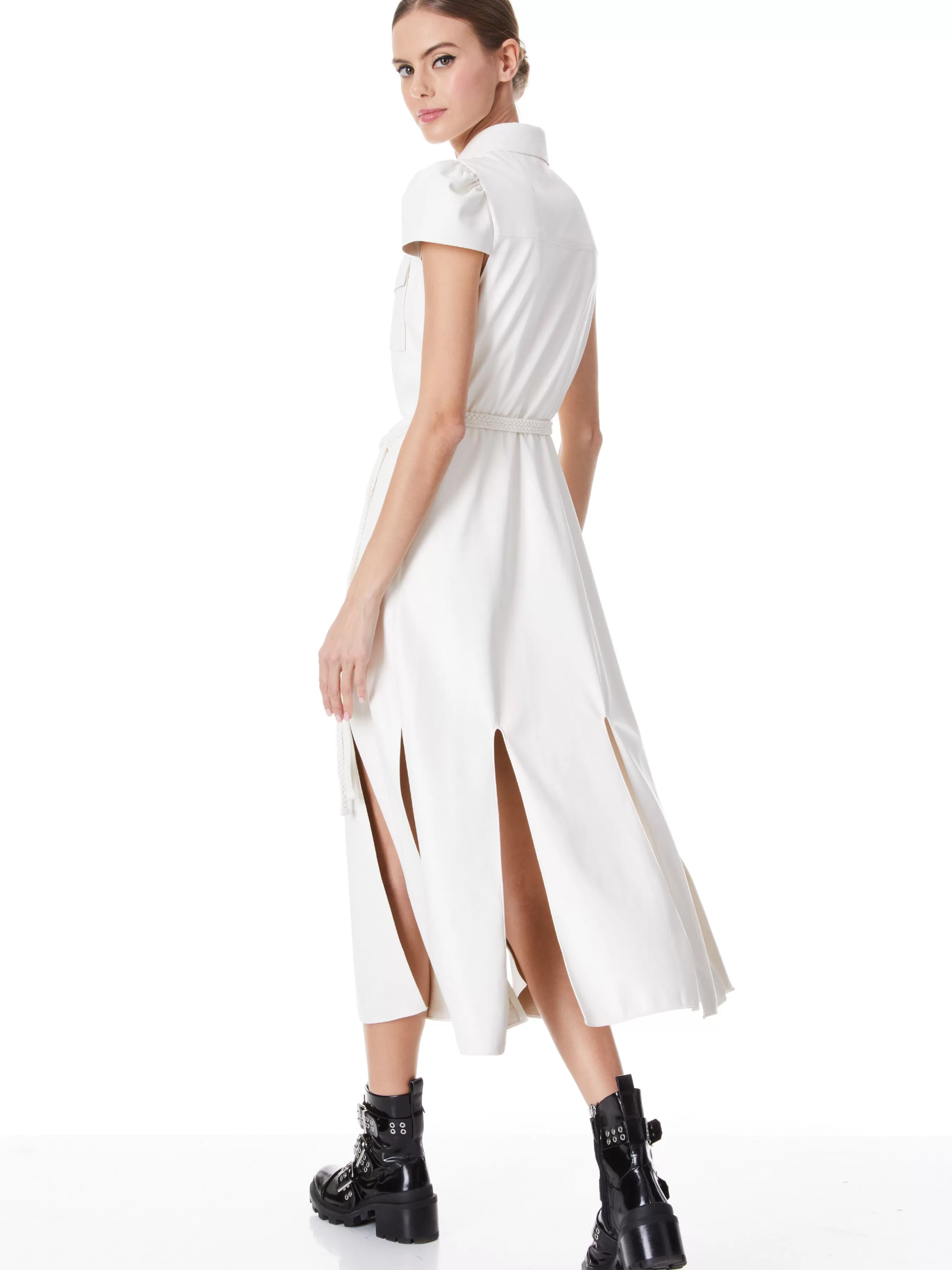 Alice and Olivia MIRANDA SHORT SLEEVE VEGAN LEATHER MIDI DRESS