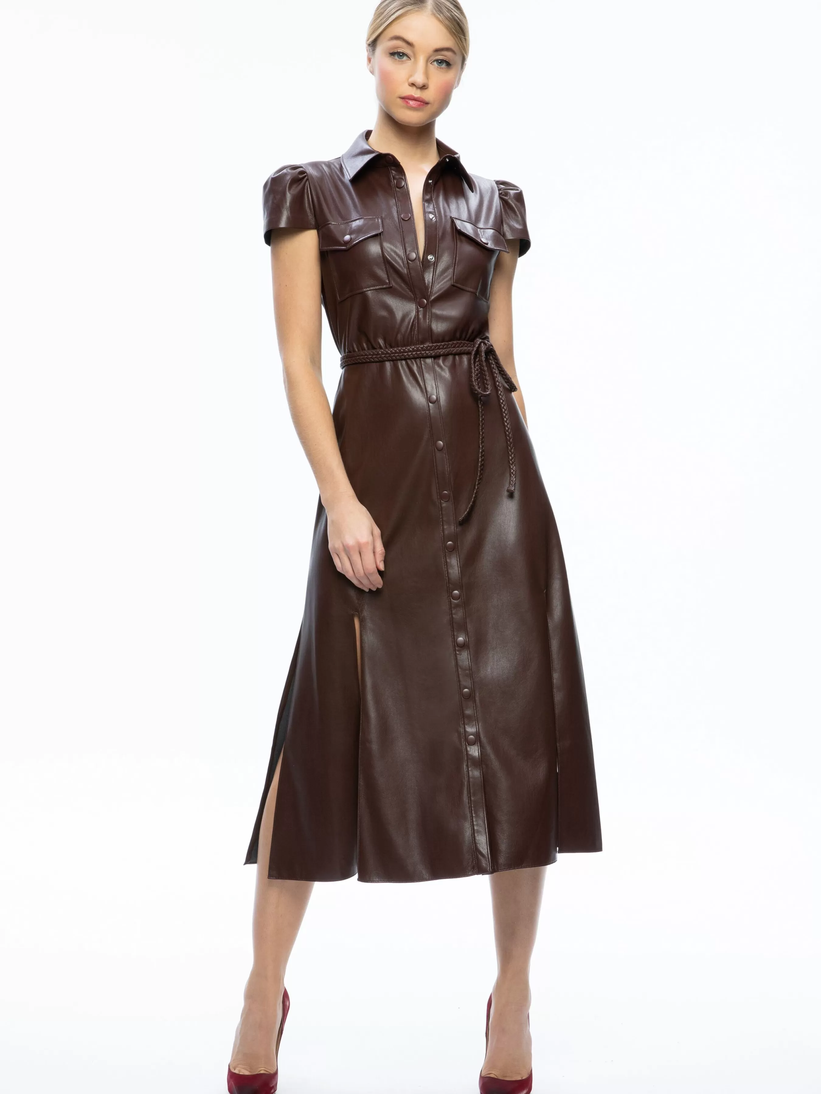 Alice and Olivia MIRANDA VEGAN LEATHER MIDI DRESS